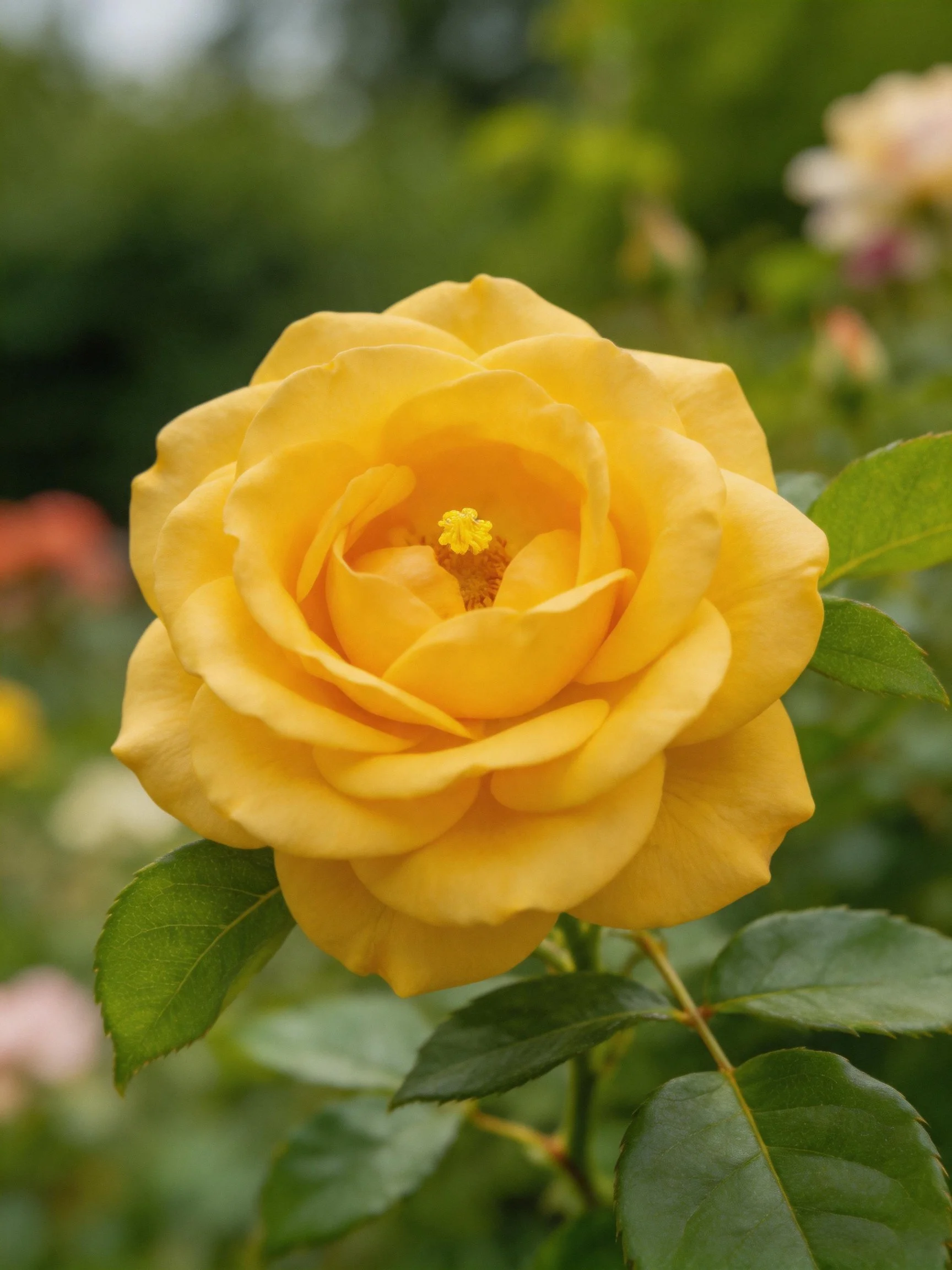 A vibrant yellow rose surrounded by lush green foliage