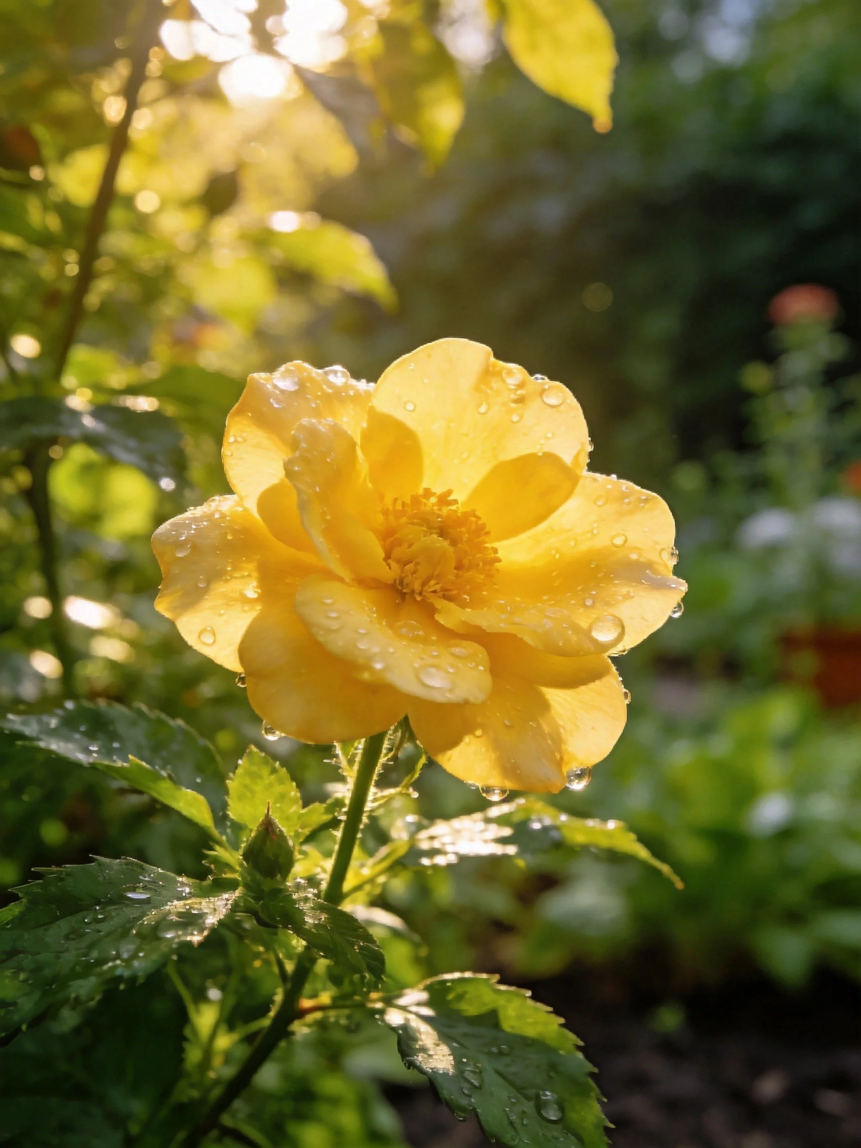 A vibrant yellow rose with dewdrops in a sunlit garden