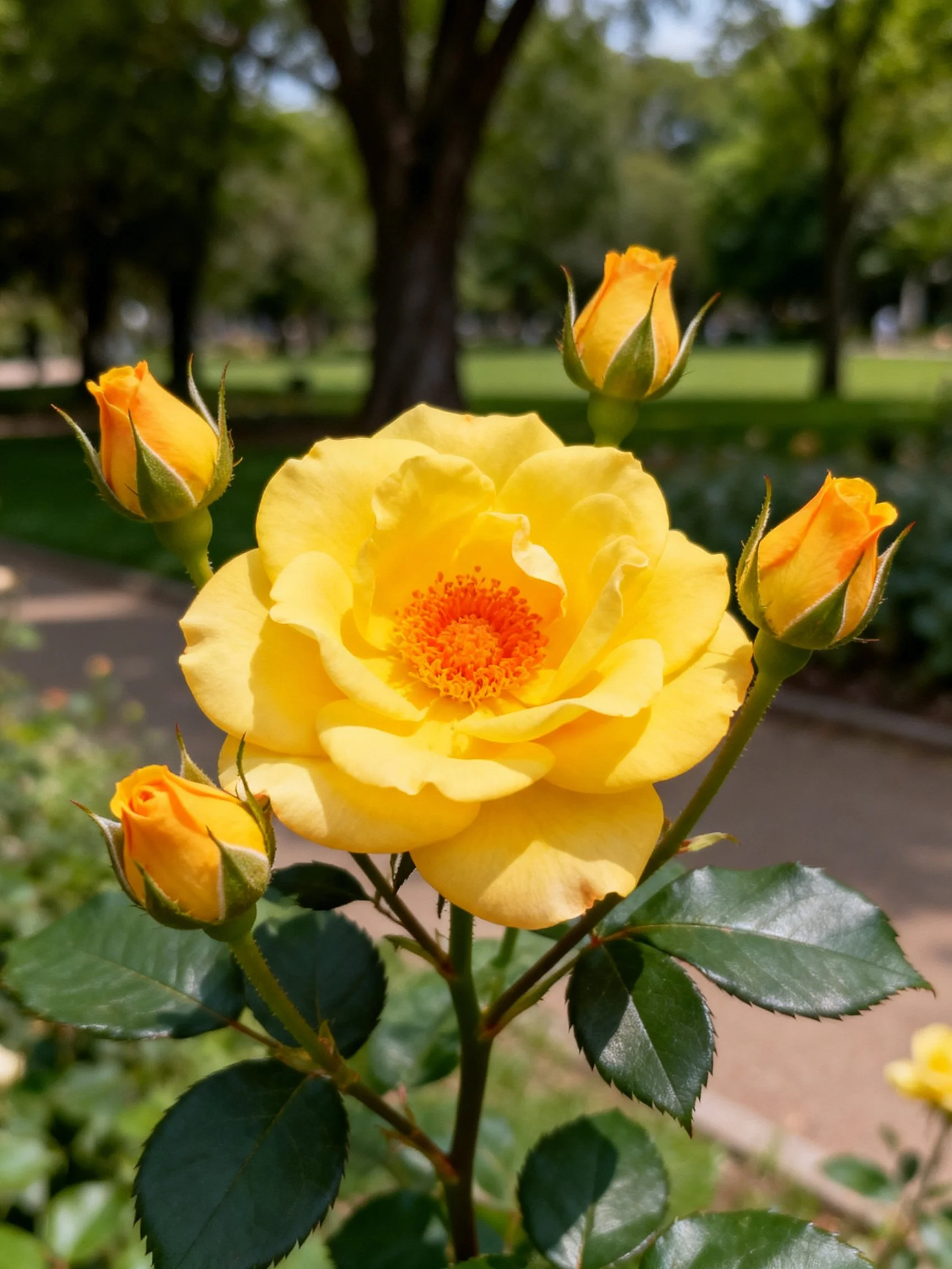 A vibrant yellow rose with four buds in a lush park