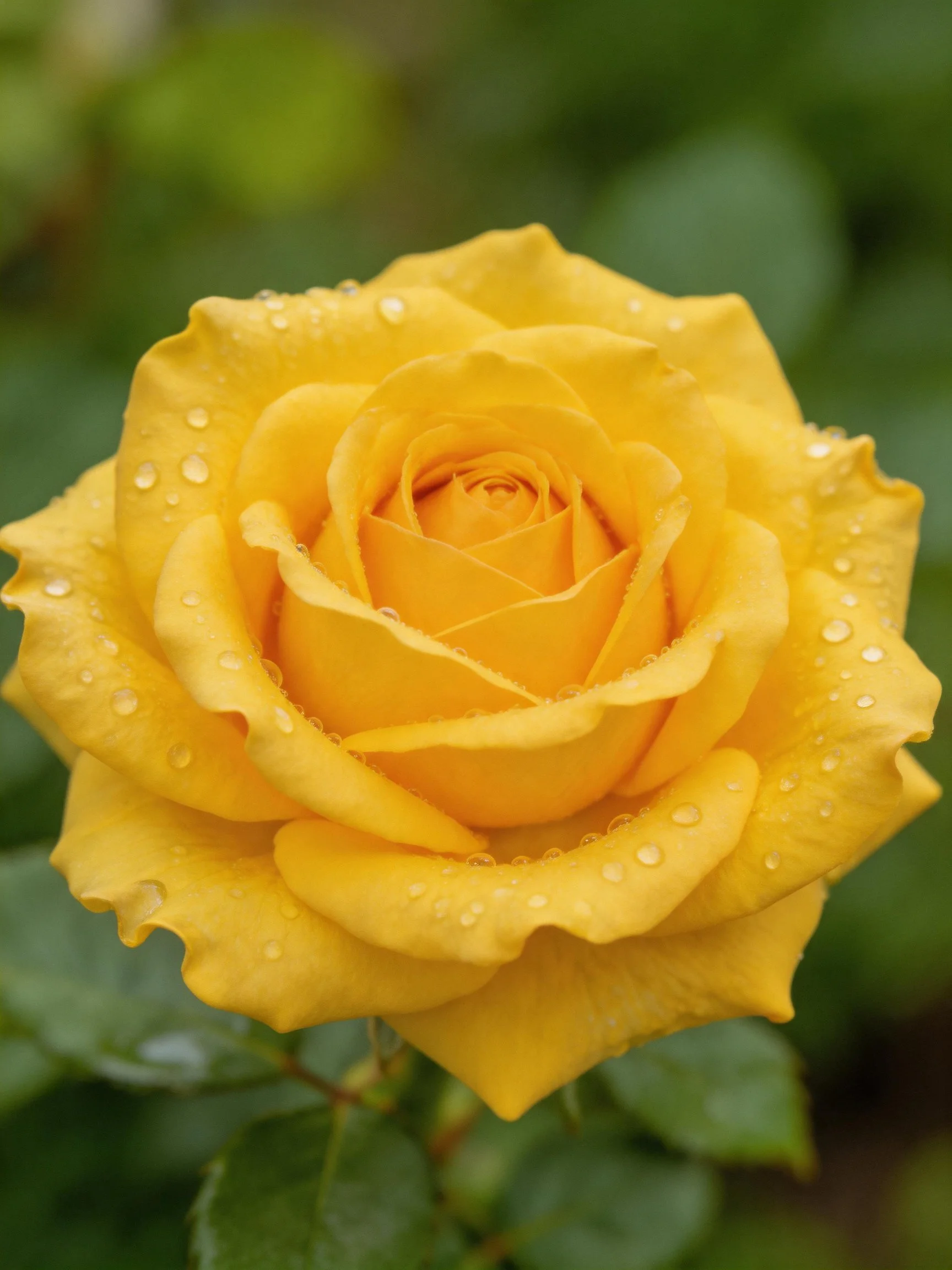 A vibrant yellow rose with glistening dewdrops