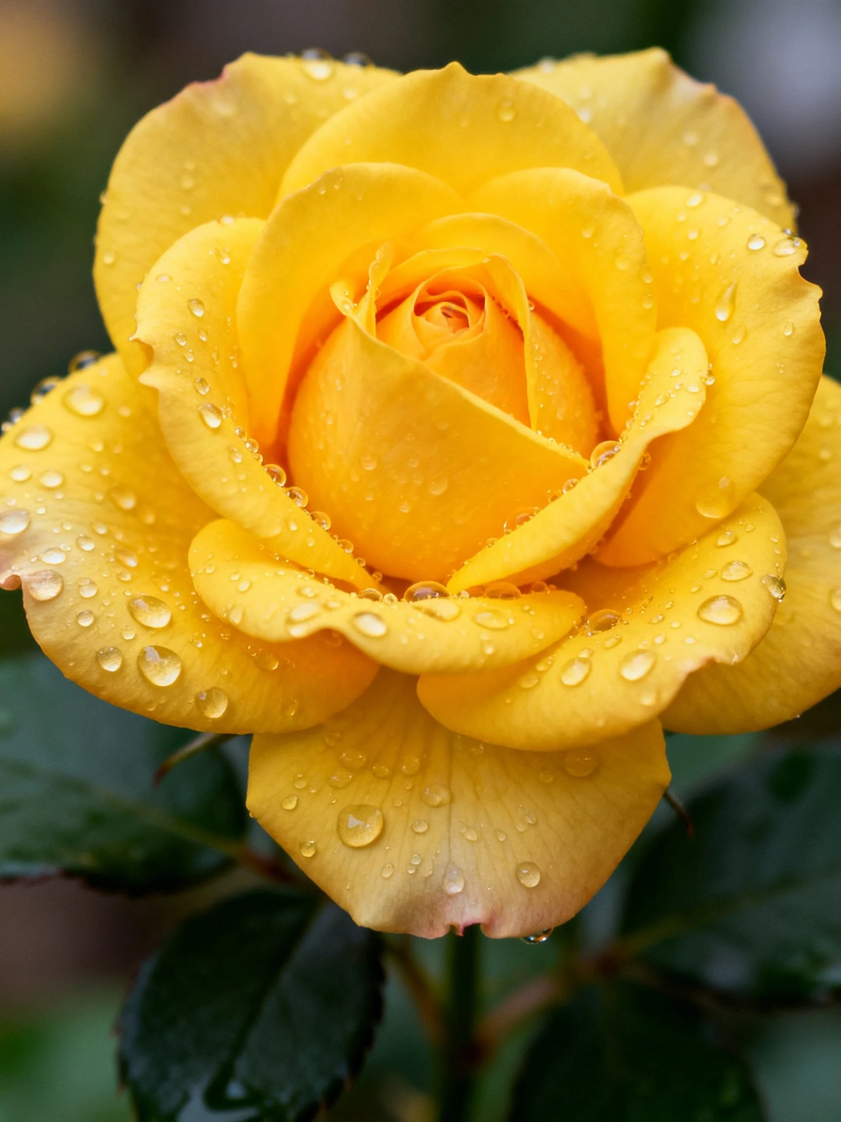 A vibrant yellow rose with glistening water droplets