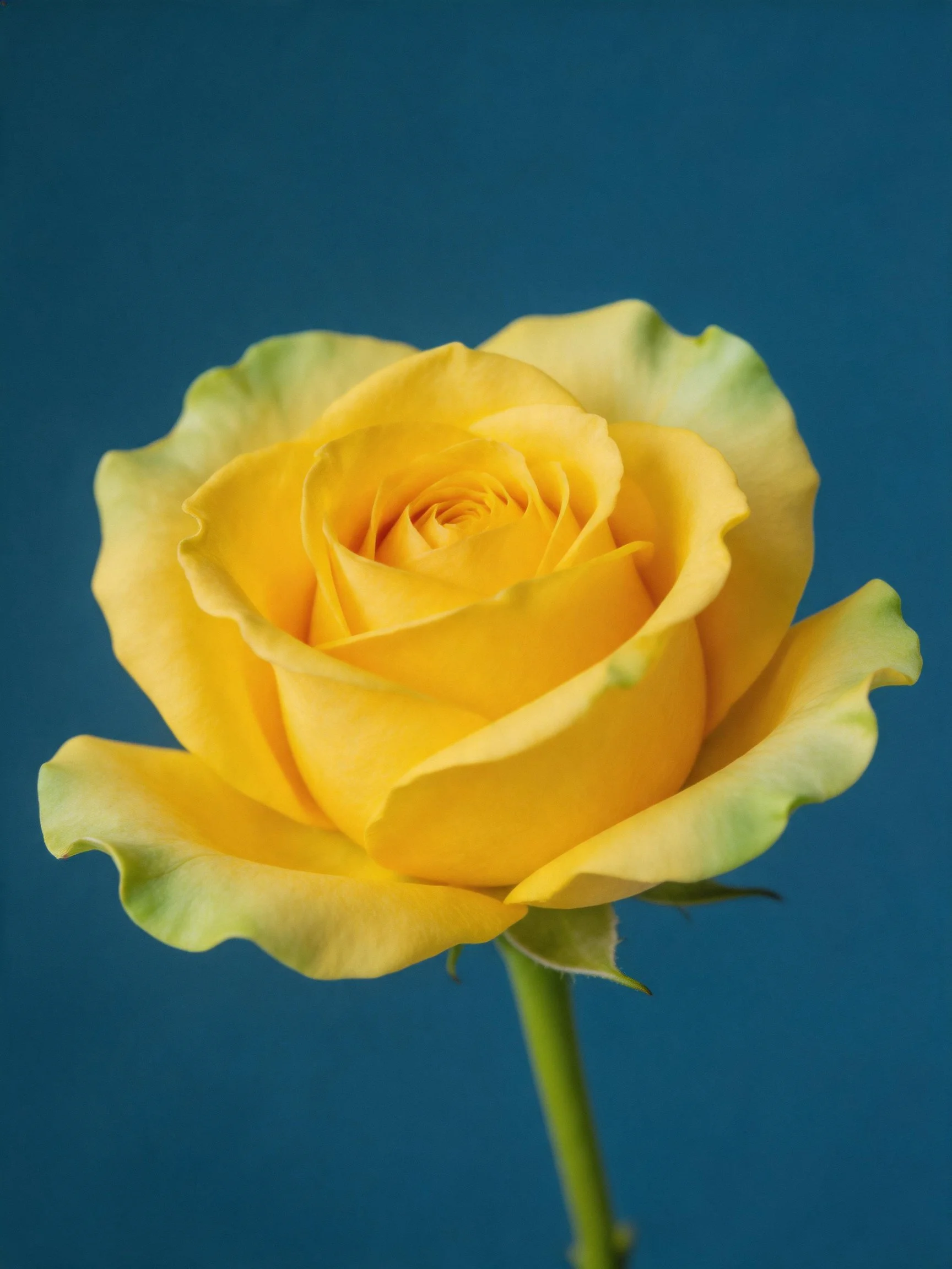 A vibrant yellow rose with layered petals against a solid blue background