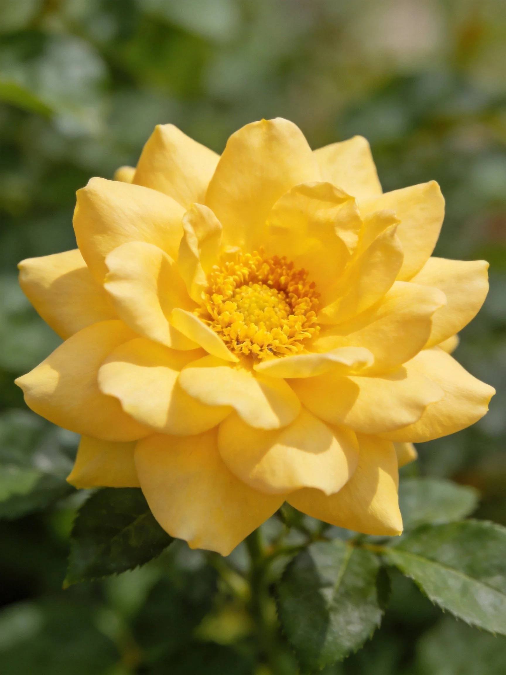 A vibrant yellow rose with layered petals and green foliage
