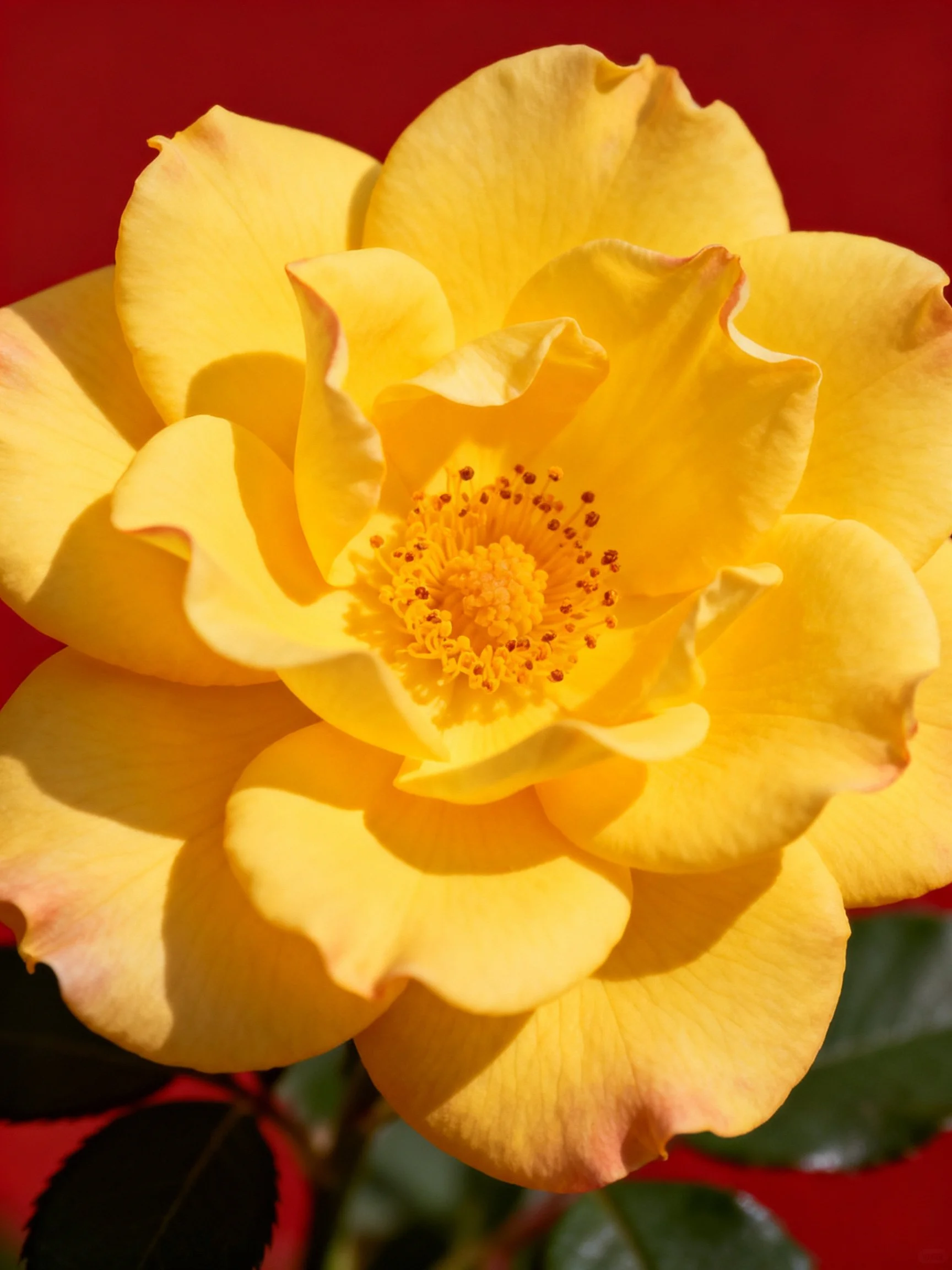 A vibrant yellow rose with layered petals on deep red background