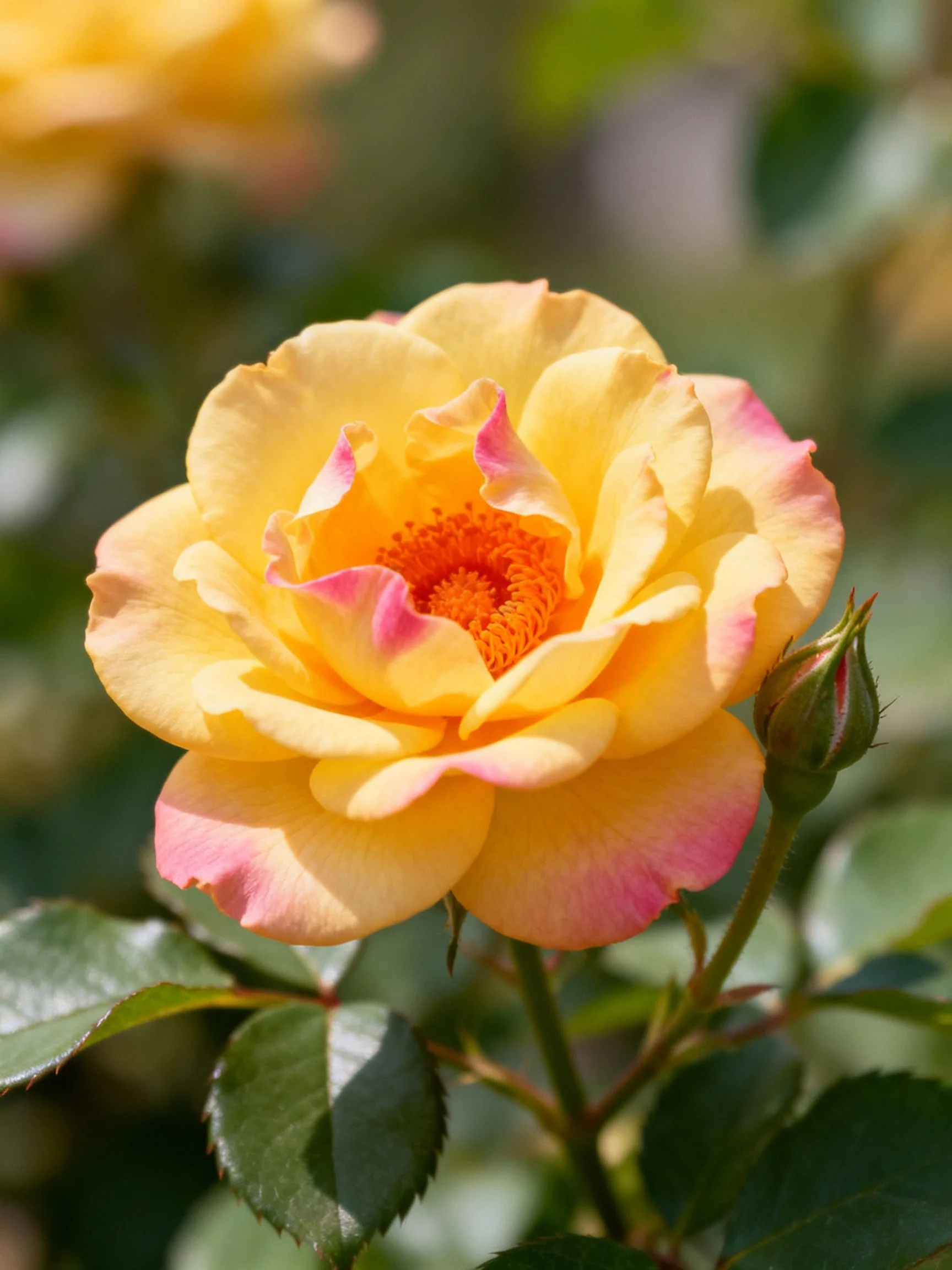 A vibrant yellow rose with pink-edged petals and green leaves