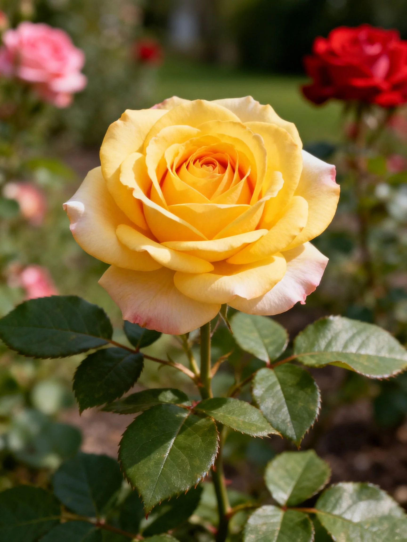A vibrant yellow rose with pink-tinted petals in a garden setting