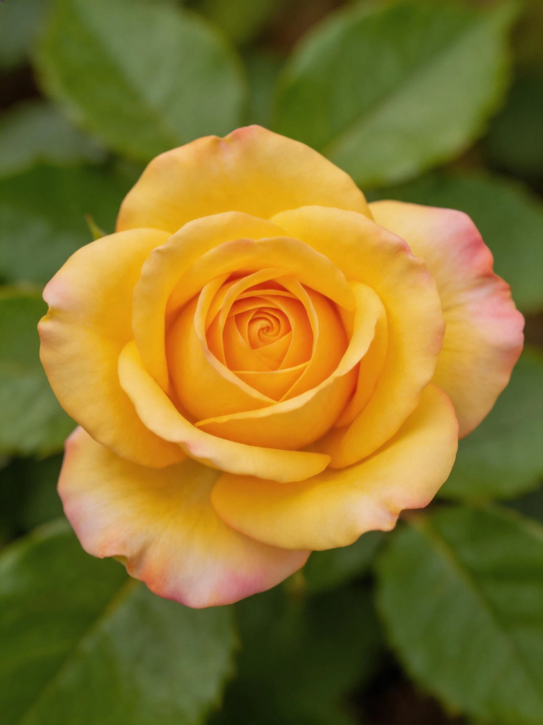 A vibrant yellow rose with pink-tipped petals amidst green leaves