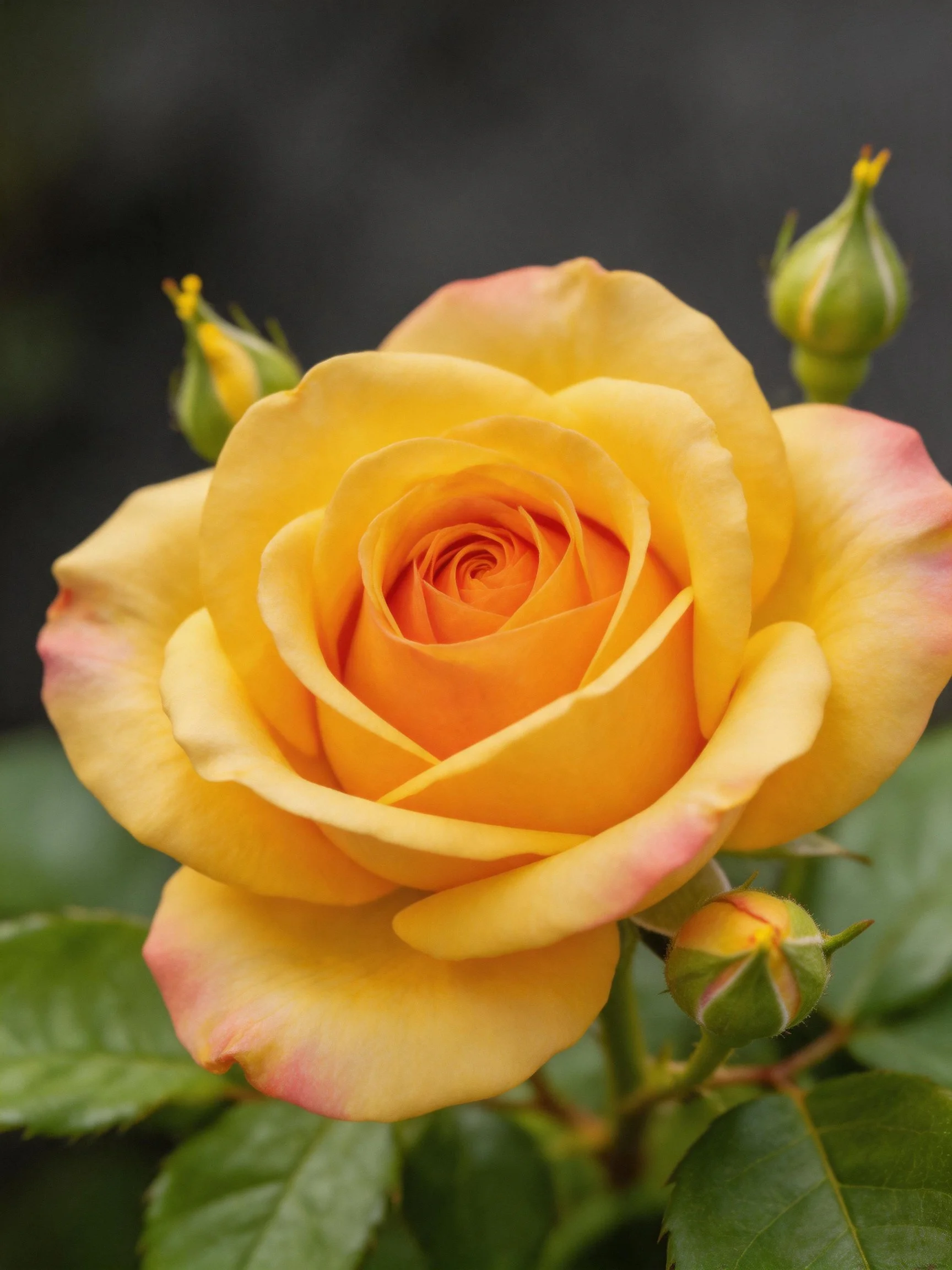 A vibrant yellow rose with pink-tipped petals and green buds