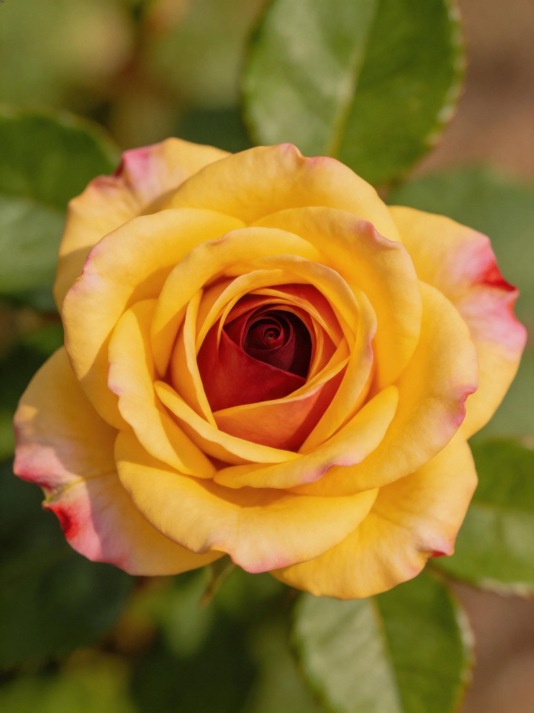 A vibrant yellow rose with pink-tipped petals and green foliage