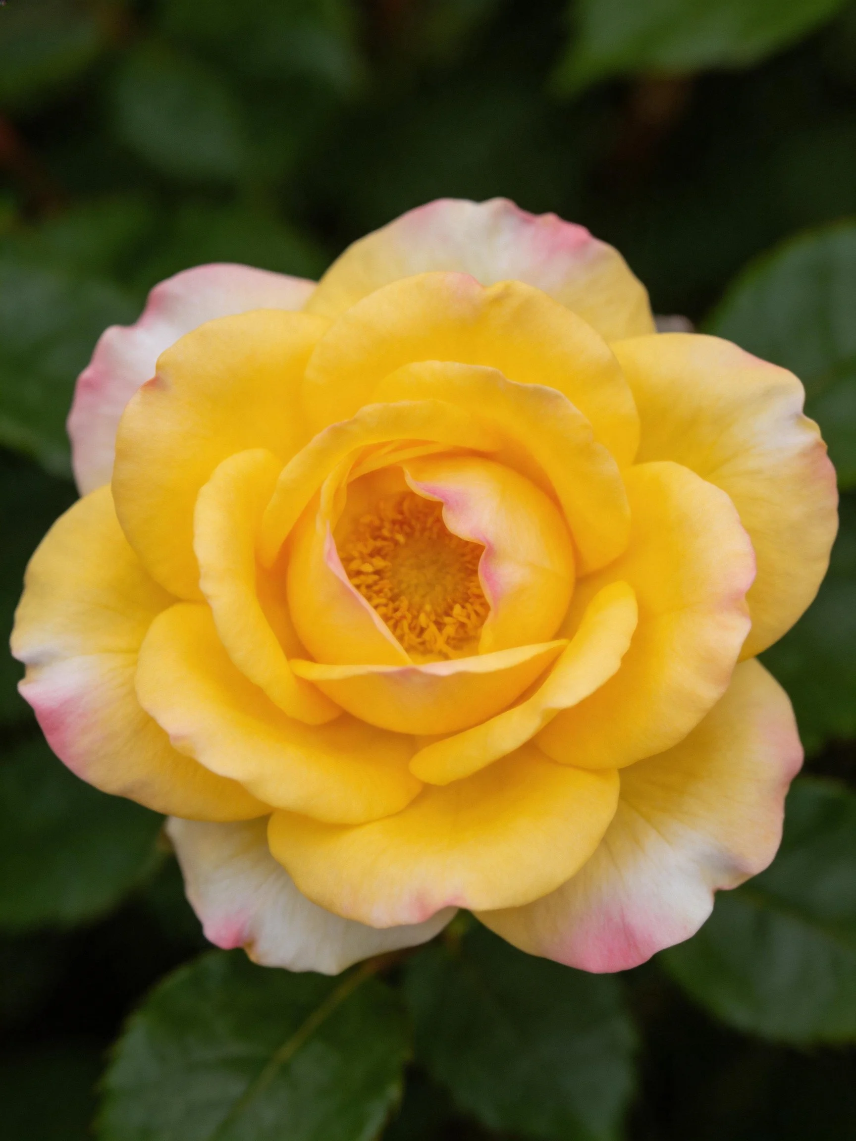 A vibrant yellow rose with pink-tipped petals surrounded by dark green leaves