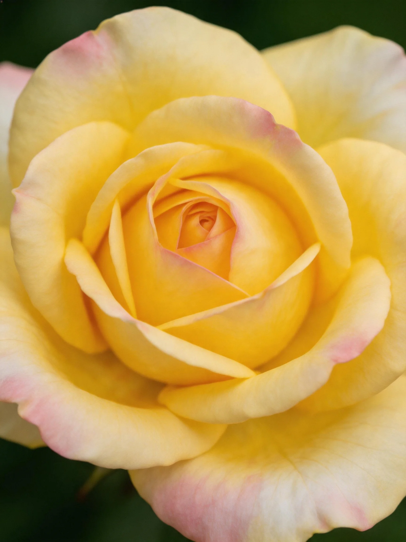 A vibrant yellow rose with soft pink petal edges