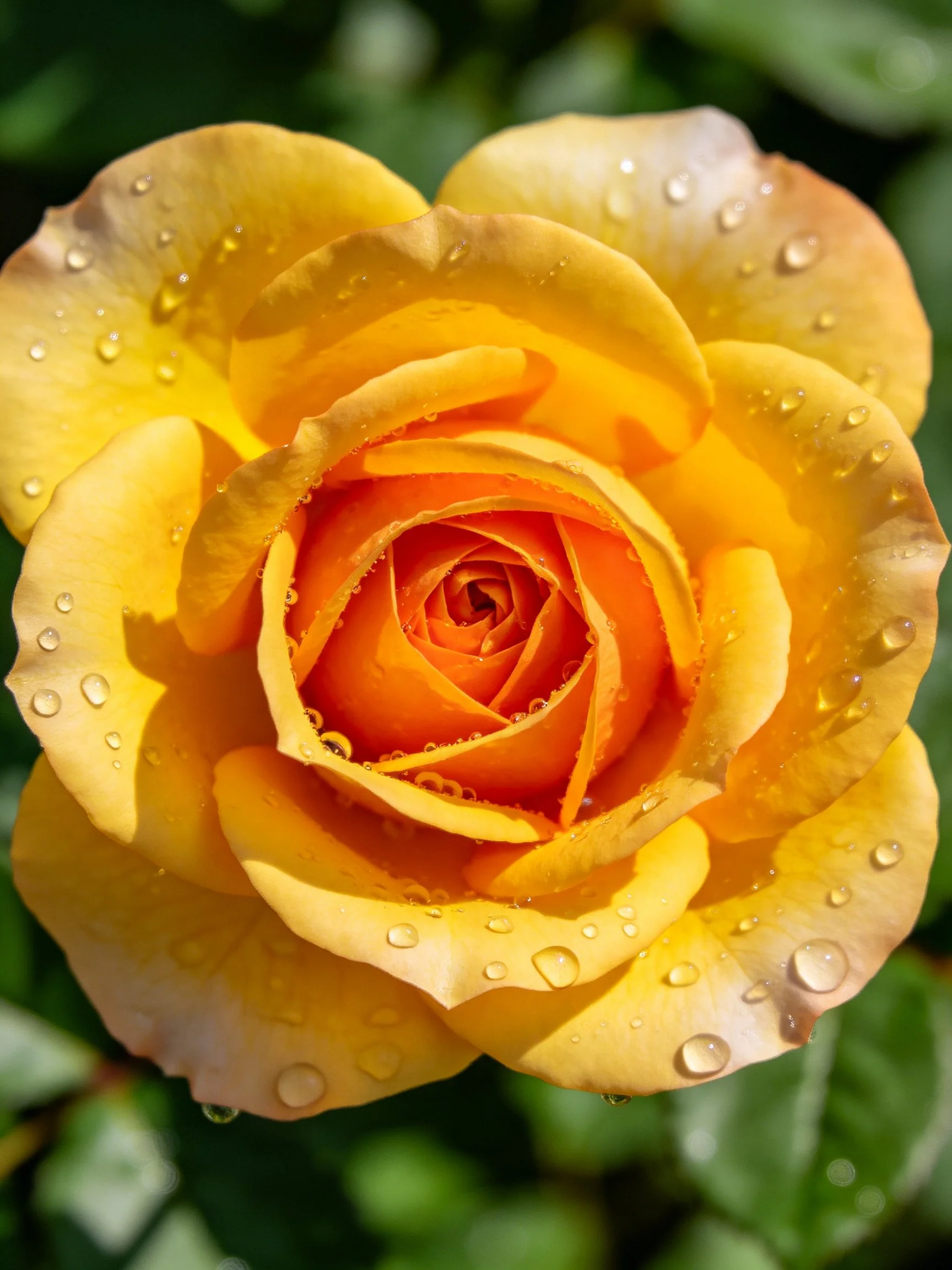 A vibrant yellow rose with water droplets on petals