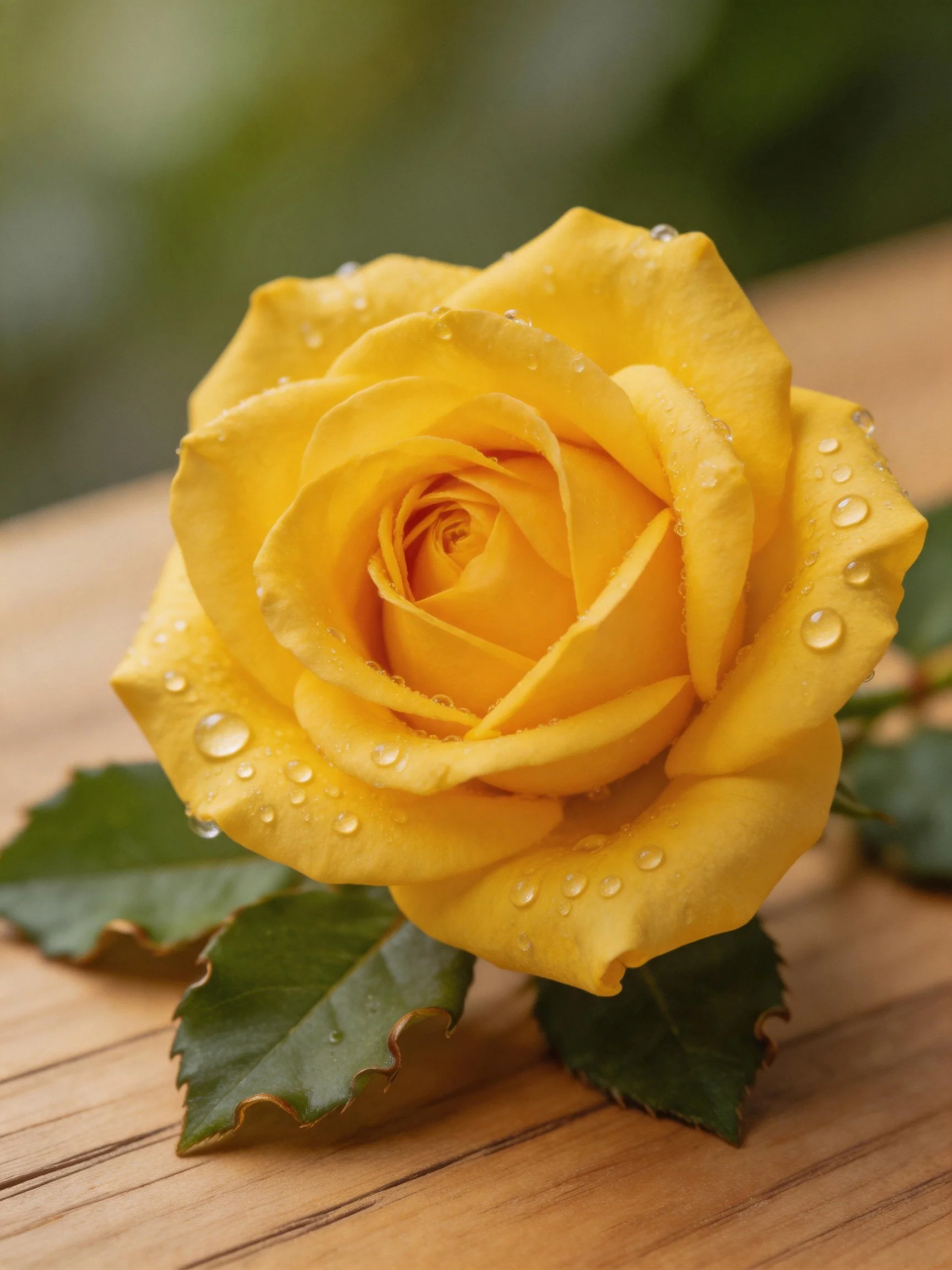 A vibrant yellow rose with water droplets on petals