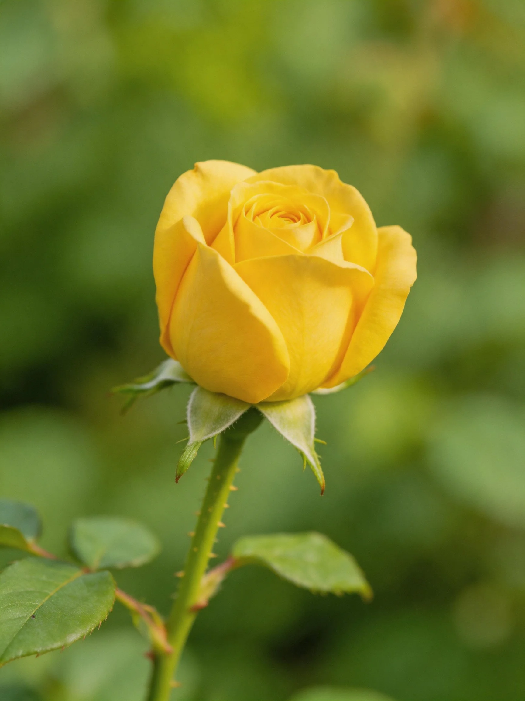 A vibrant yellow rosebud with green foliage in soft focus