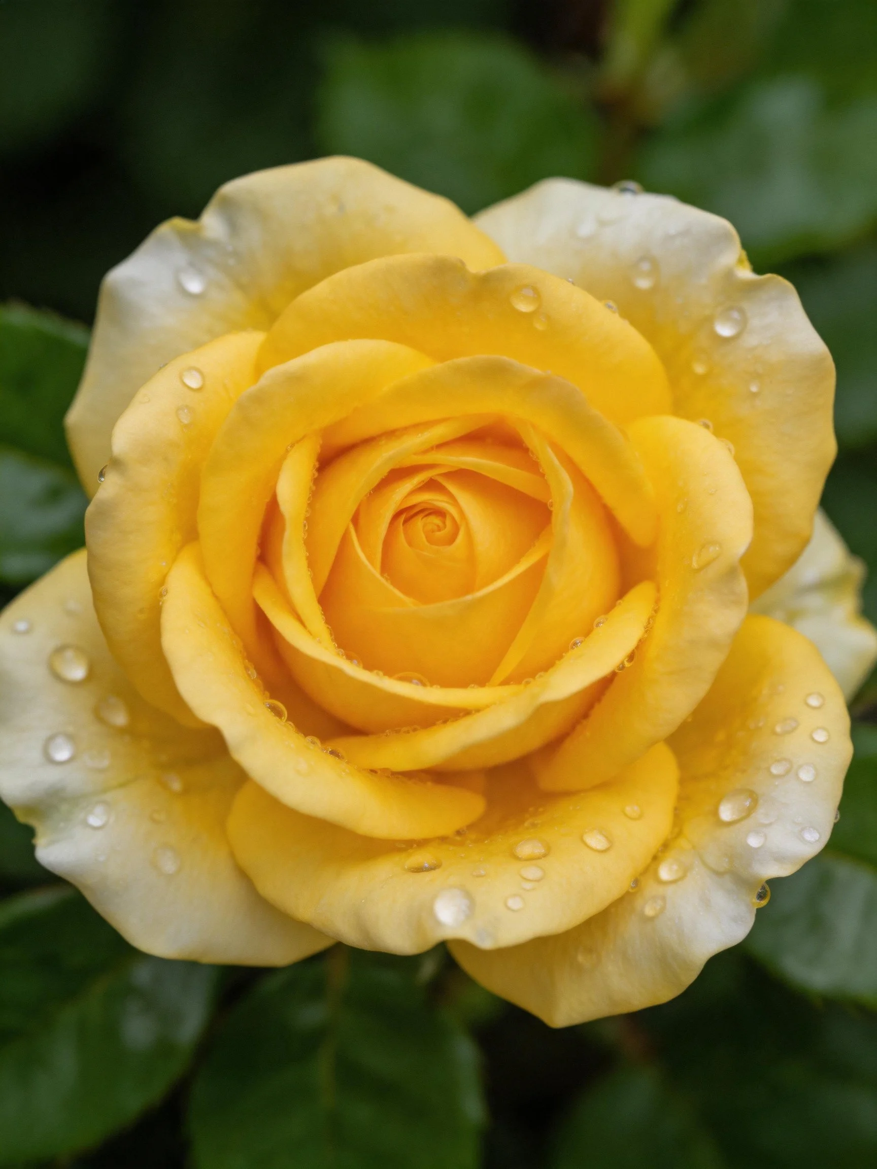 A vibrant yellow rosewith water droplets on petals