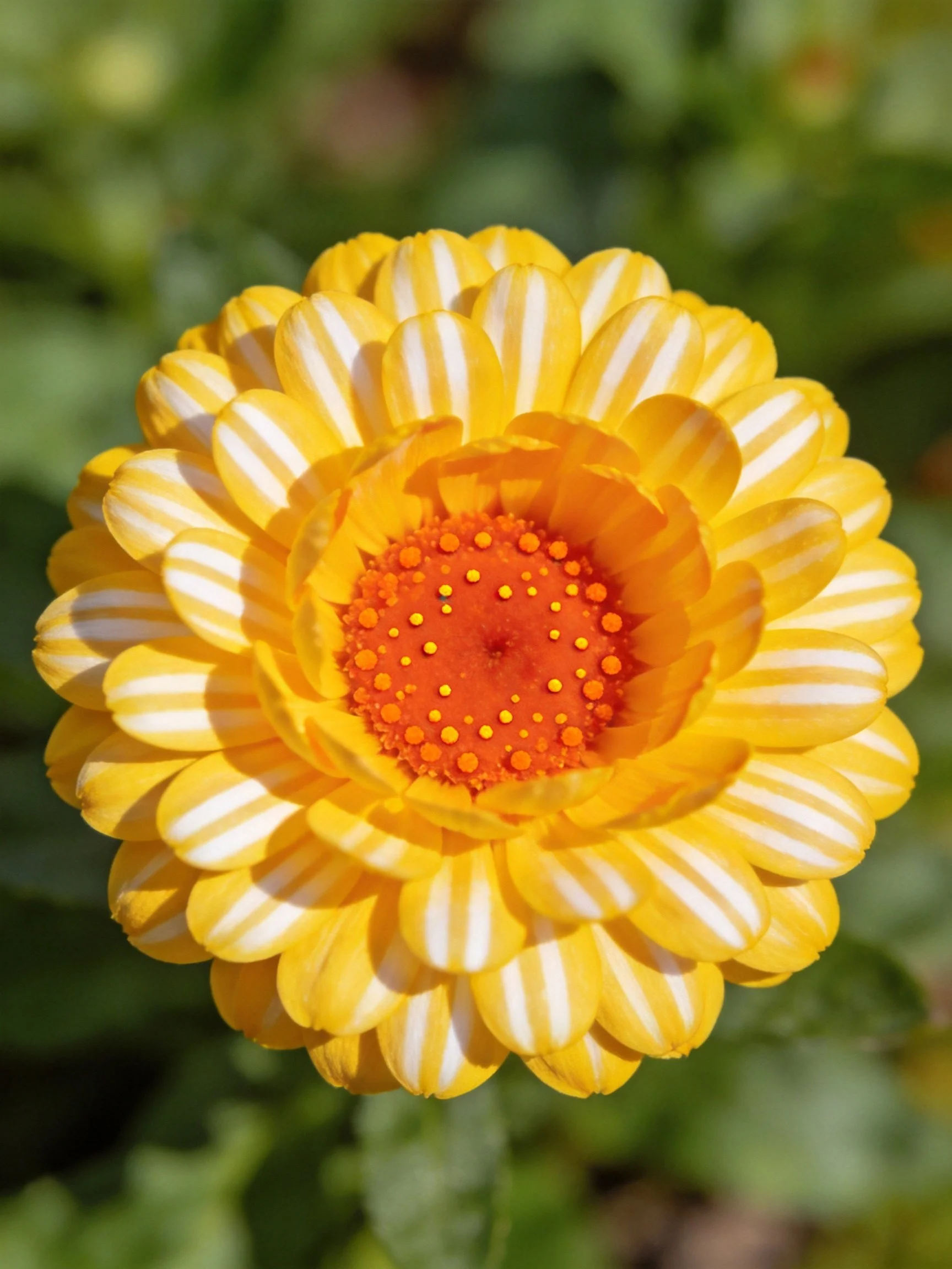 A vibrant yellow striped flower with an orange center