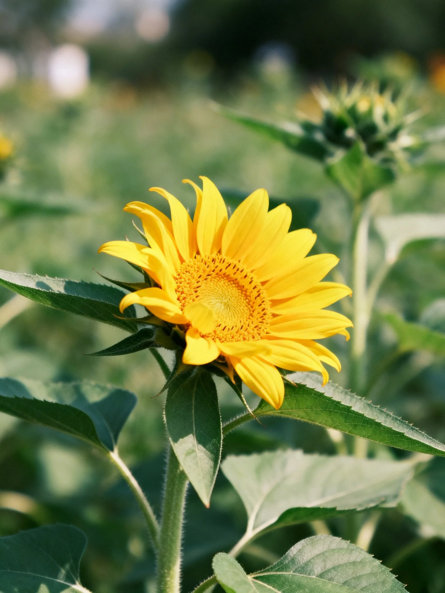 A vibrant yellow sunflower blooms among lush green foliage