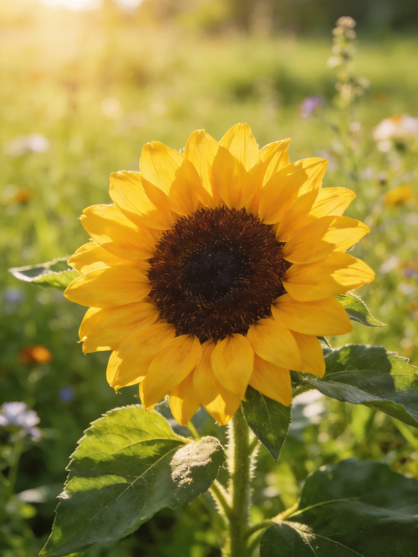 A vibrant yellow sunflower blooms in a sun-drenched meadow
