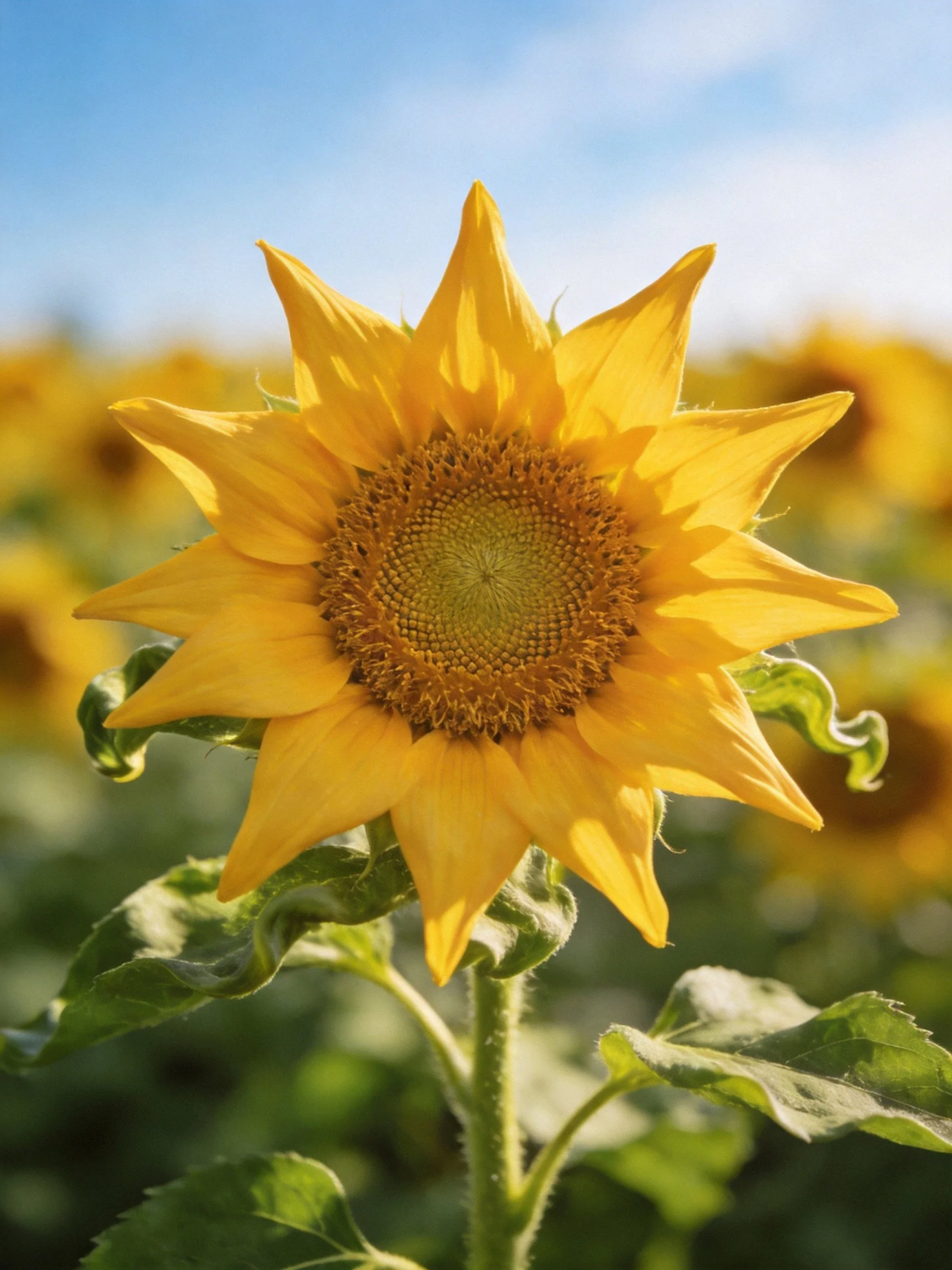 A vibrant yellow sunflower blooms in a sunlit field