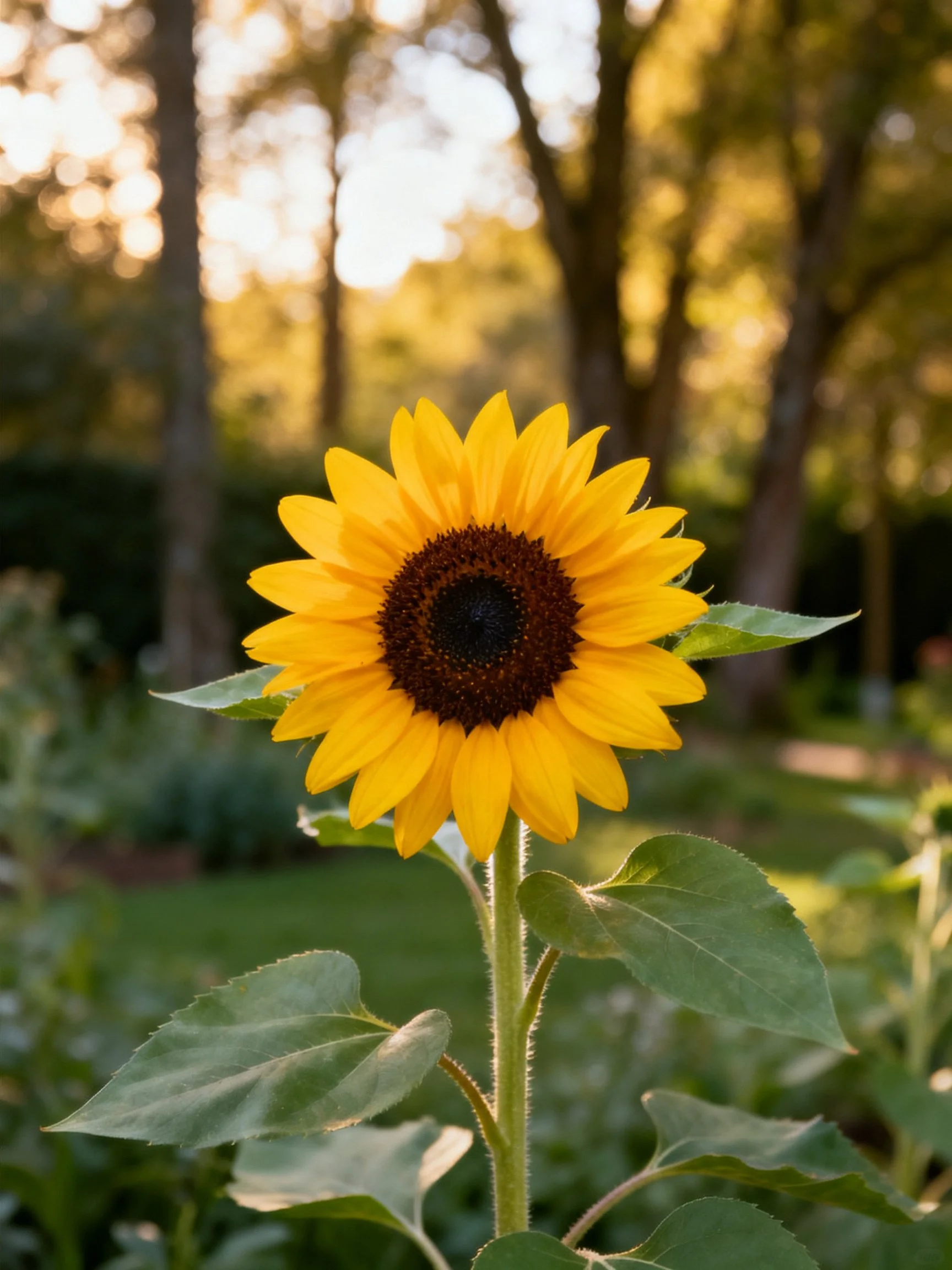 A vibrant yellow sunflower blooms near tall trees in golden light