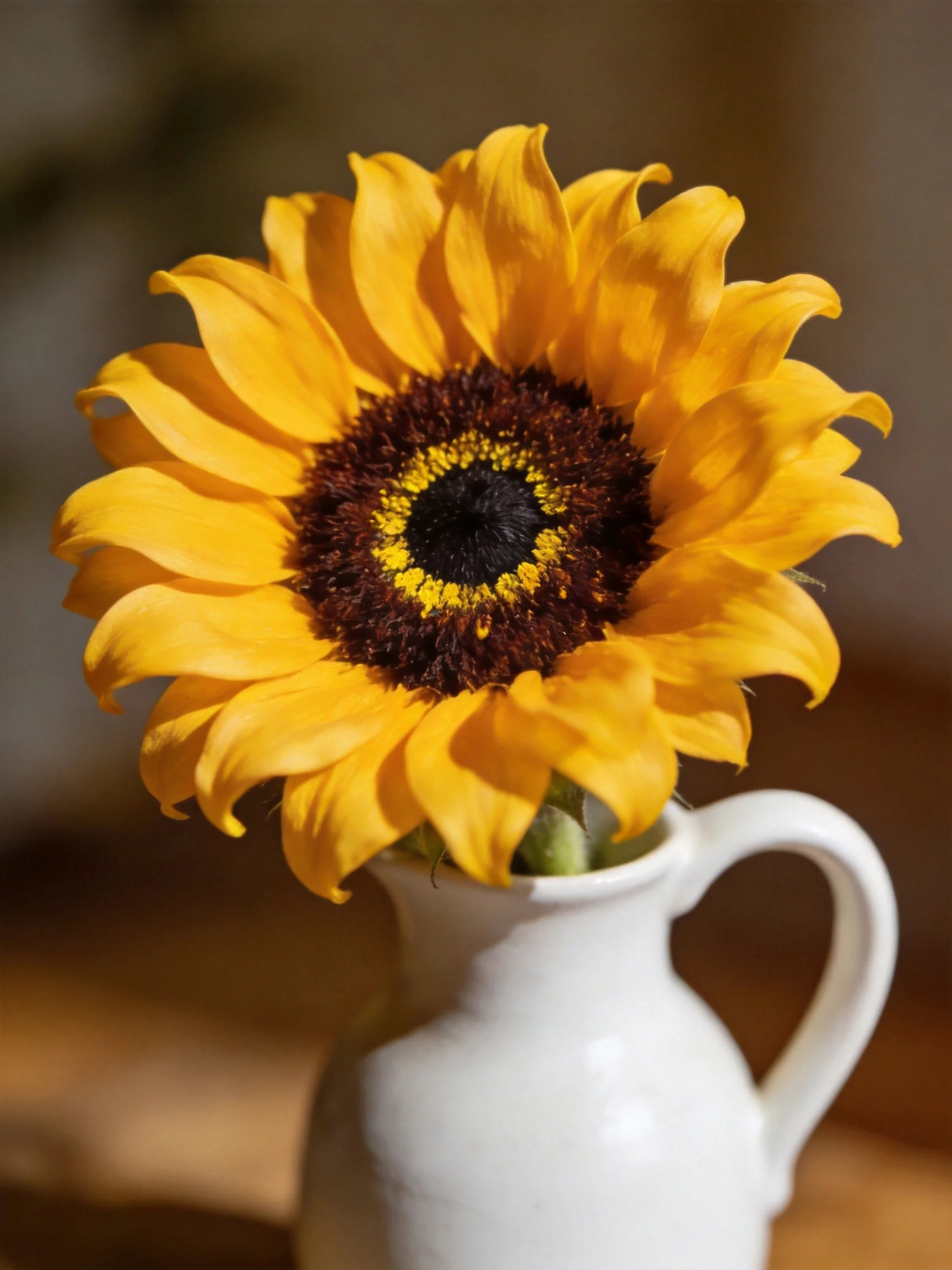 A vibrant yellow sunflower in a white ceramic pitcher