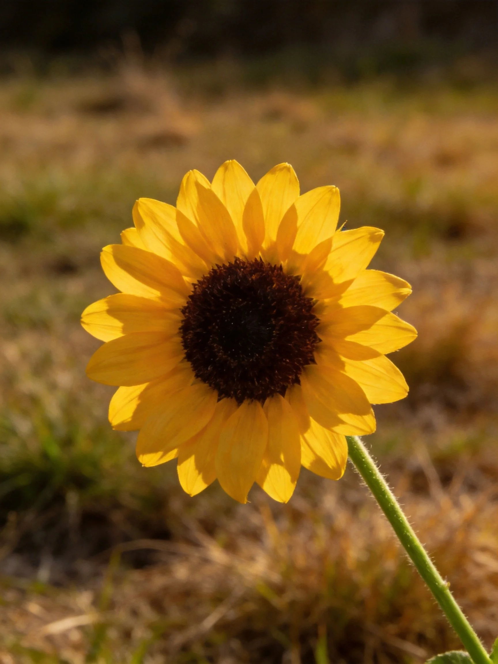 A vibrant yellow sunflower with a dark brown center amid blurred natural surroundings