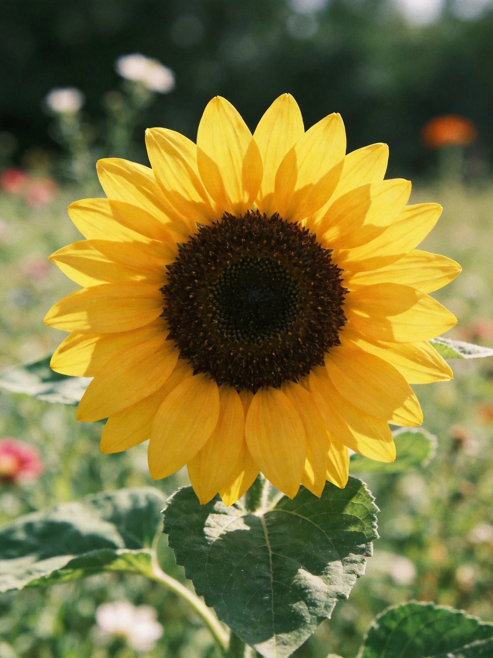A vibrant yellow sunflower with a dark brown center amidst green foliage