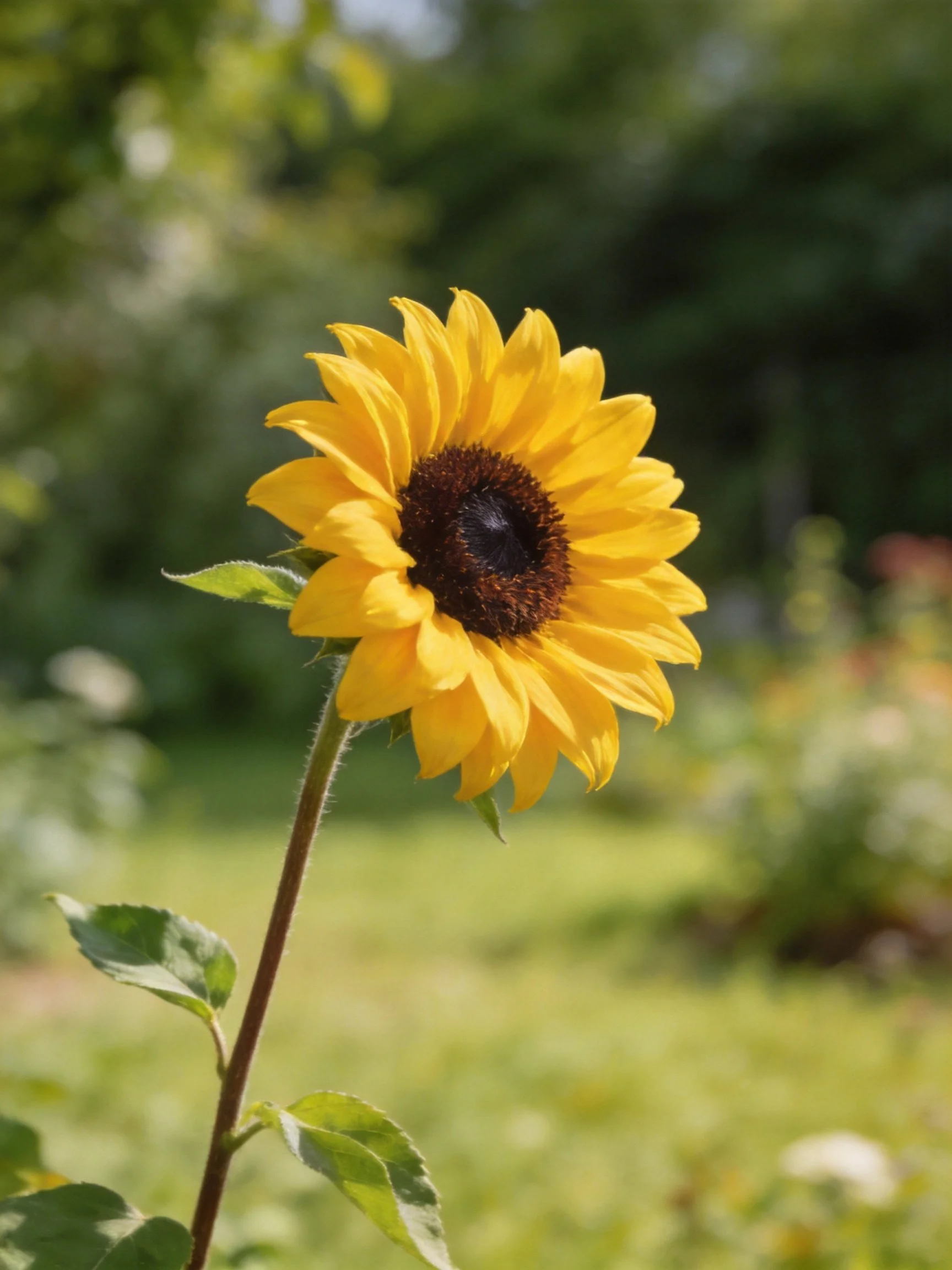 A vibrant yellow sunflower with a dark brown center stands alone