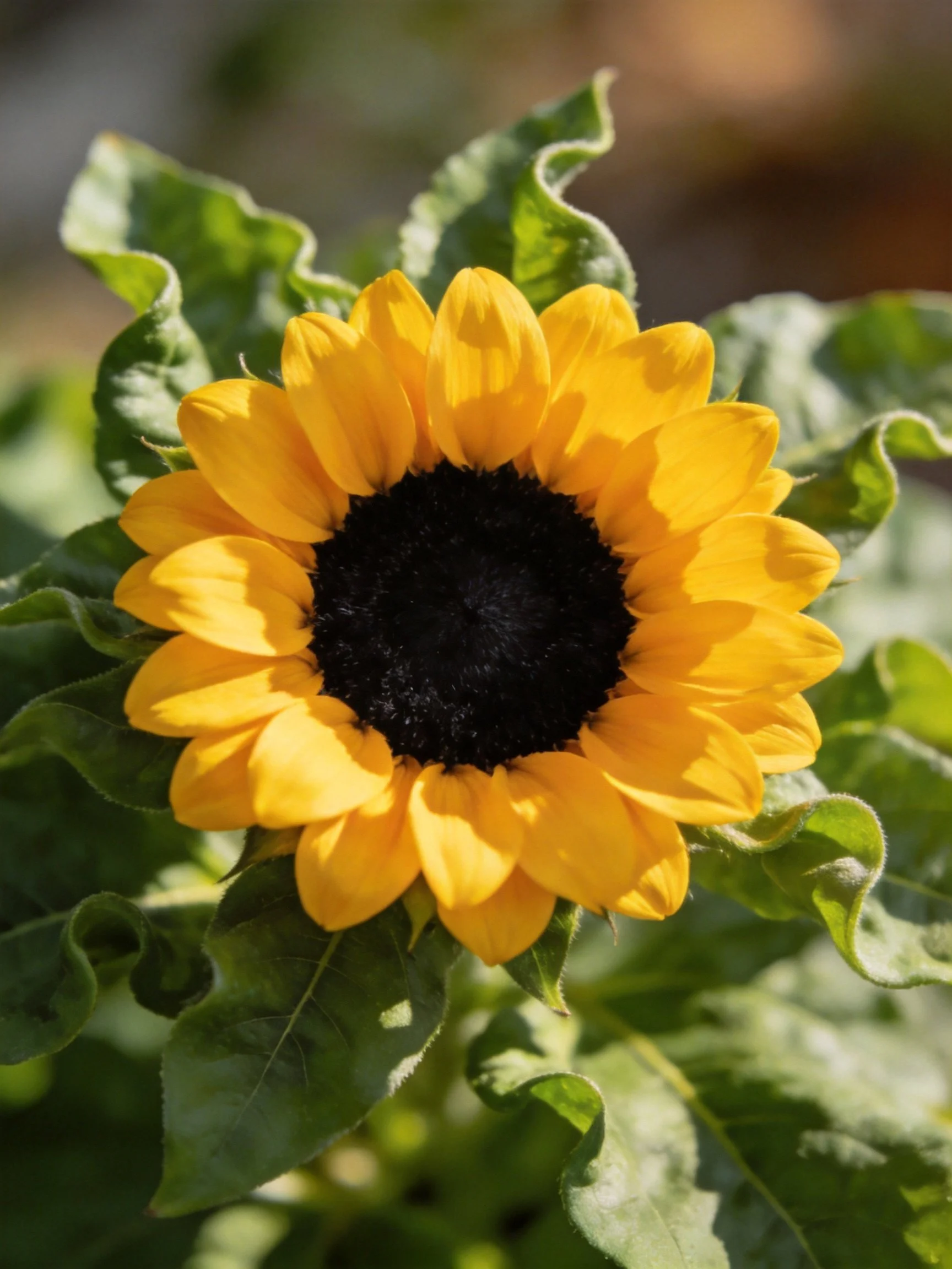 A vibrant yellow sunflower with a dark center and green foliage