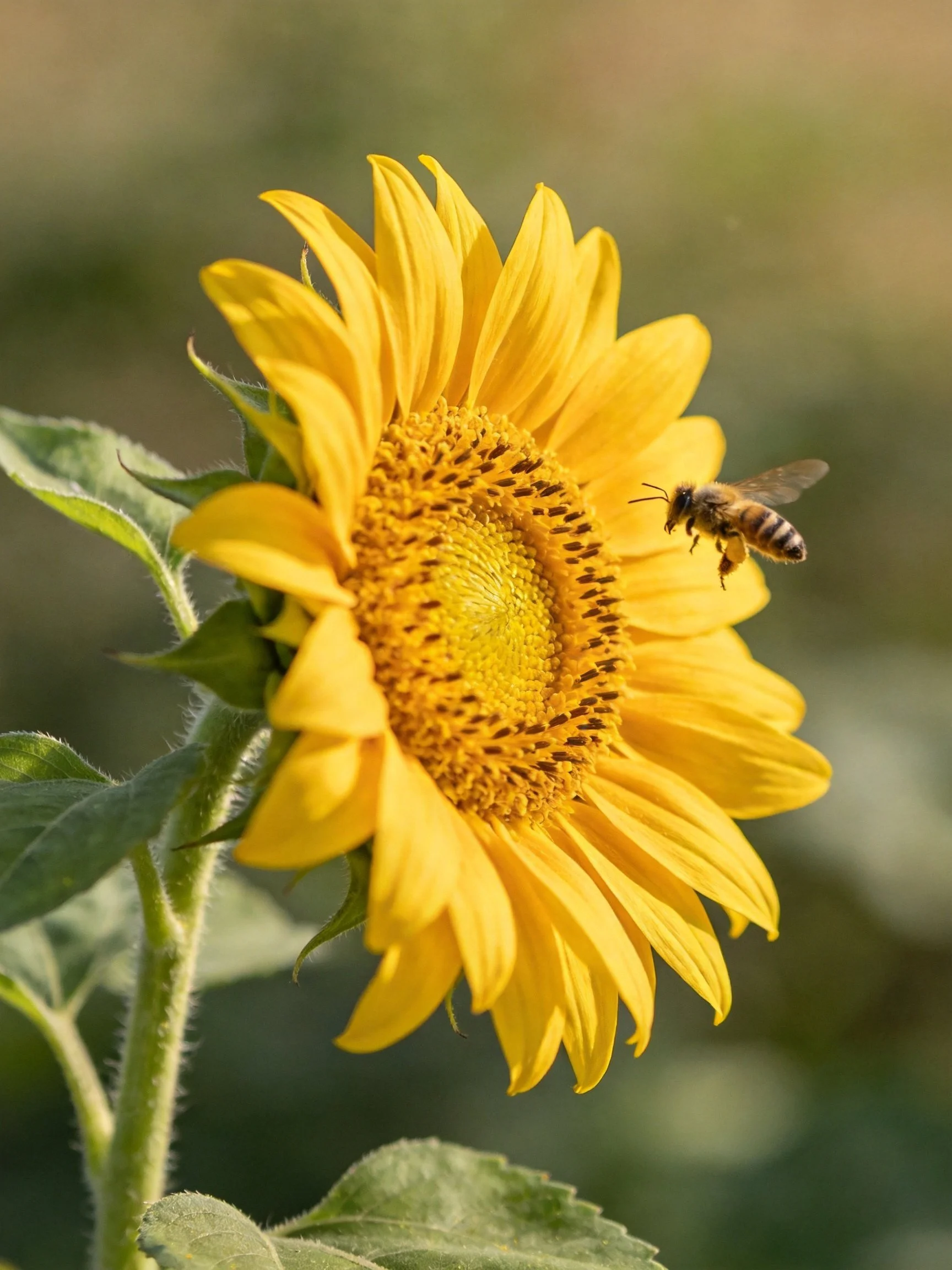 A vibrant yellow sunflower with a honeybee approaching