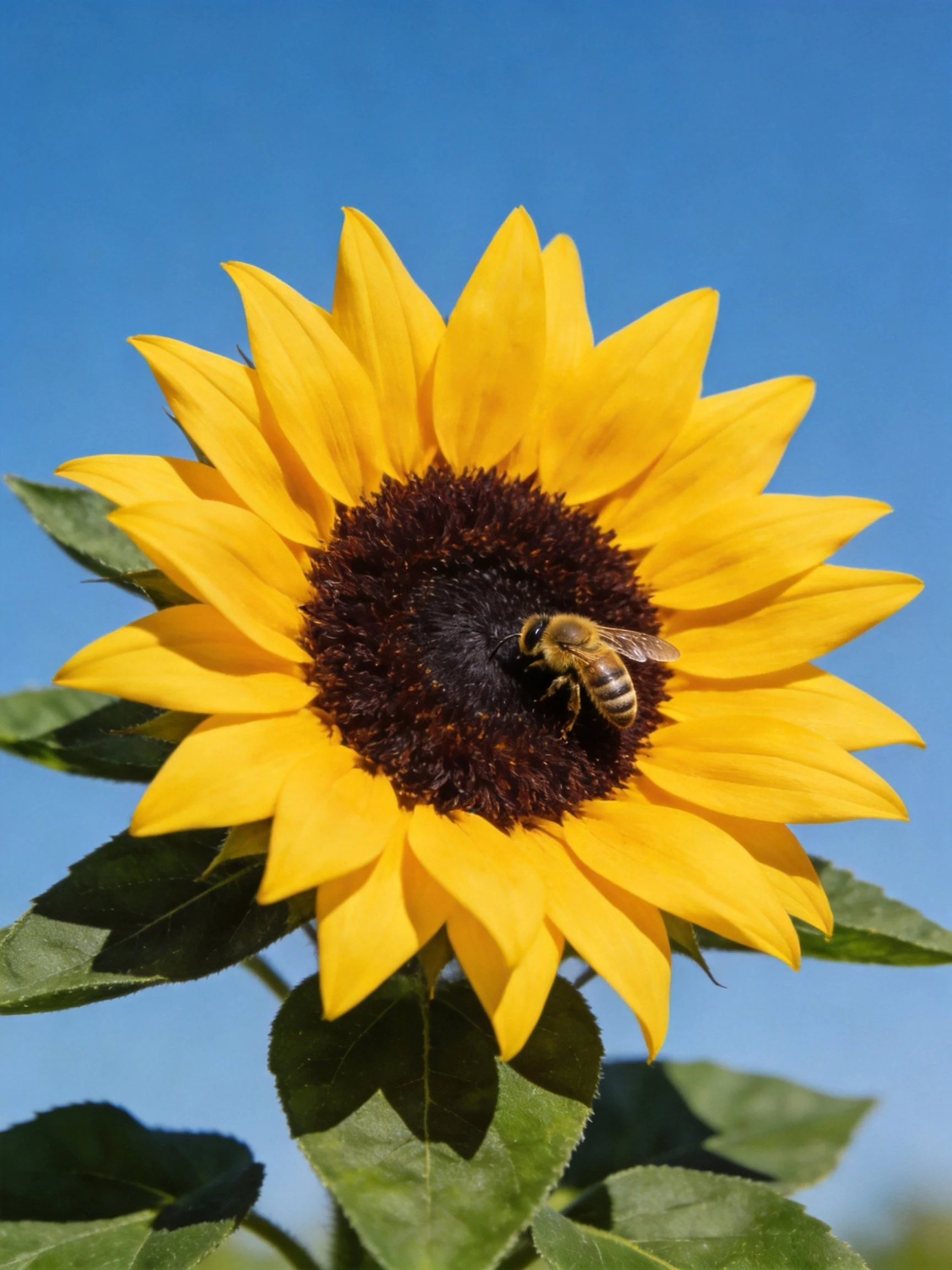A vibrant yellow sunflower with a honeybee on its dark center