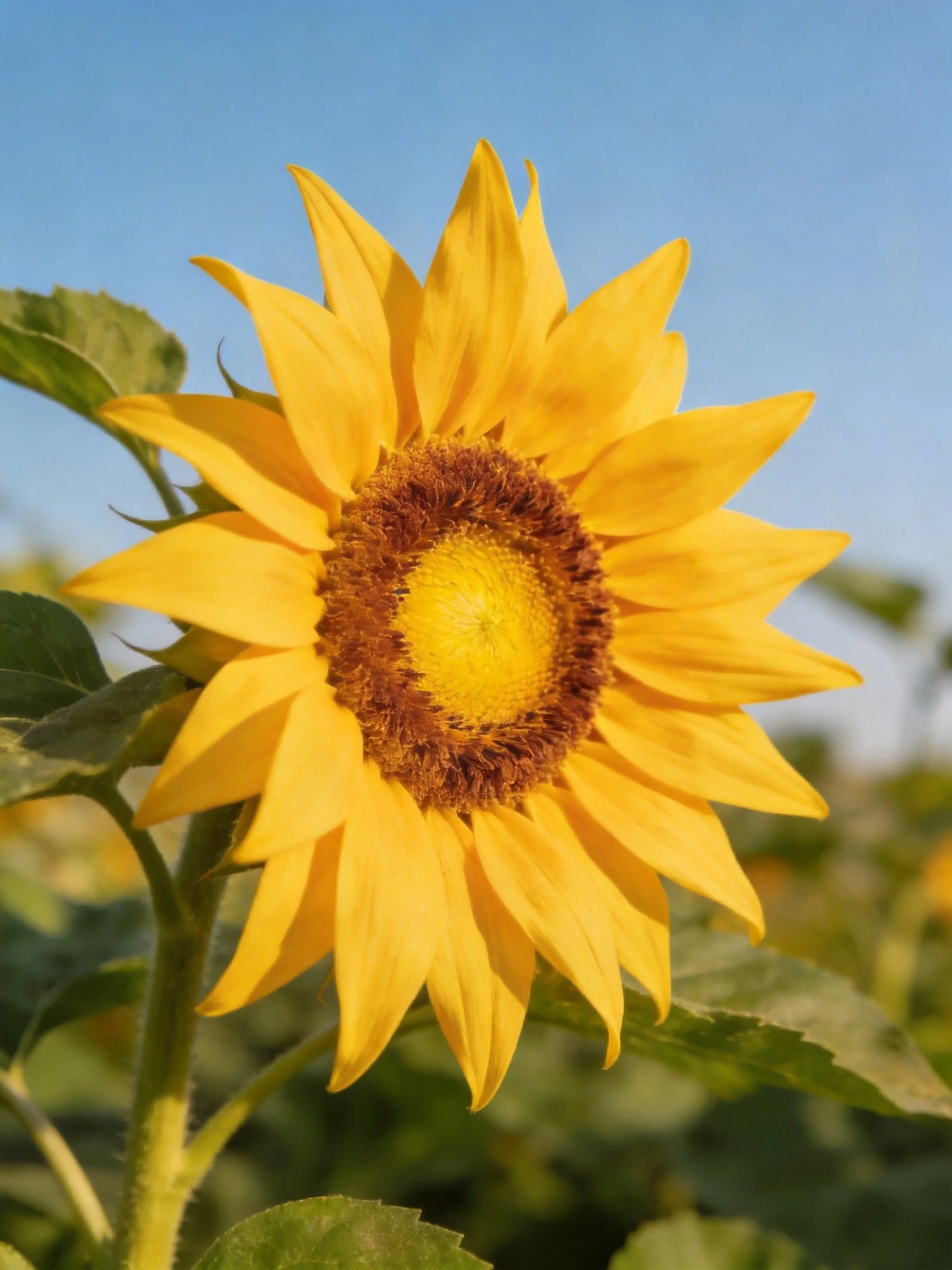 A vibrant yellow sunflower with brown central disk under clear blue sky