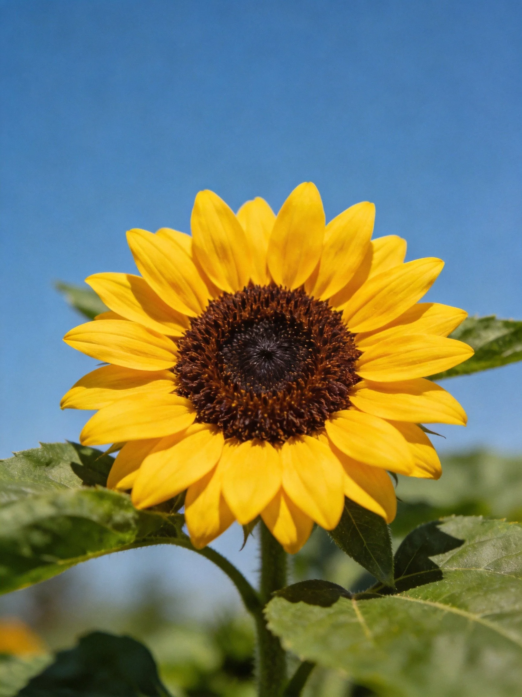 A vibrant yellow sunflower with dark brown center against clear blue sky