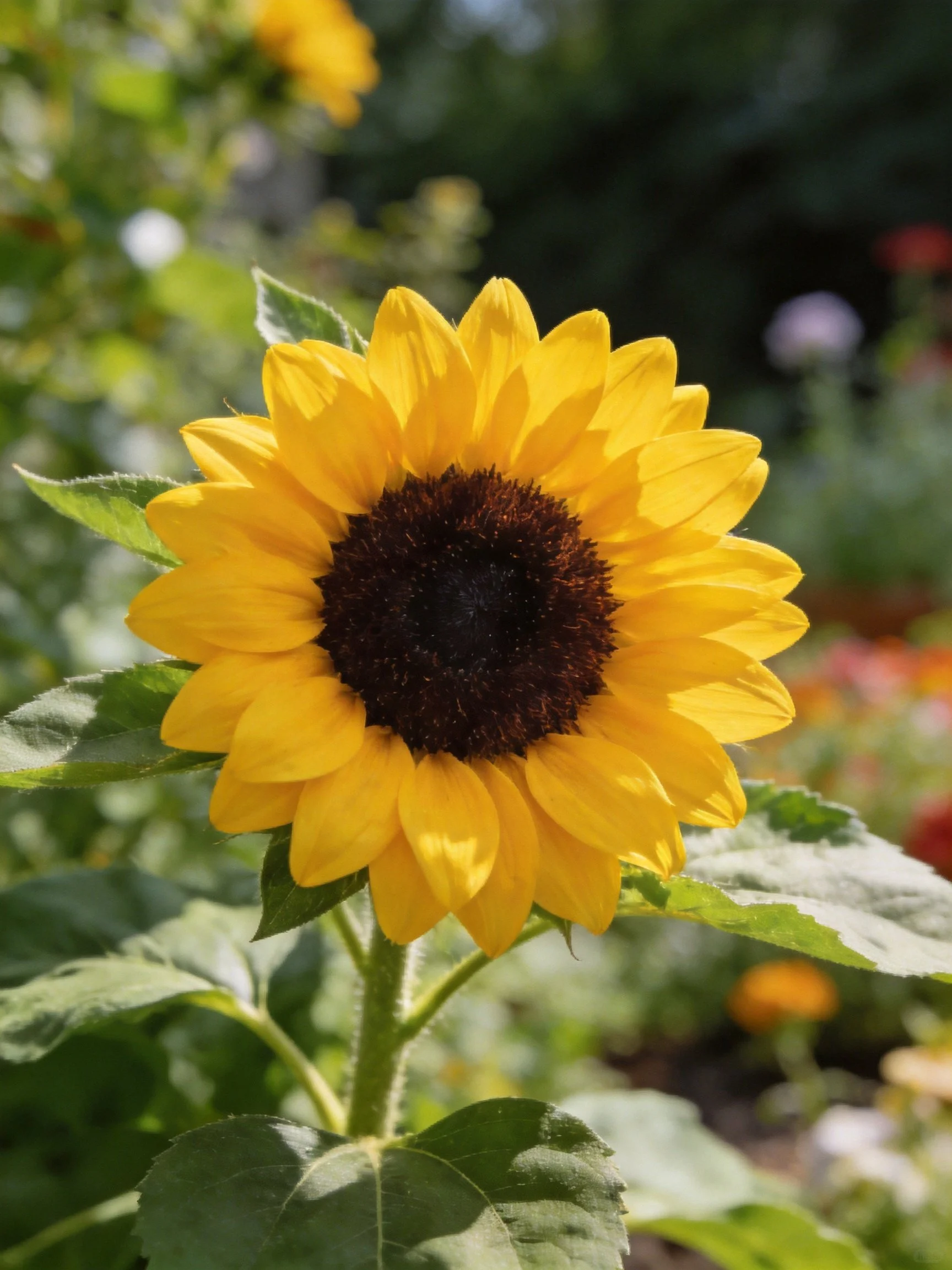 A vibrant yellow sunflower with dark brown center amidst lush greenery