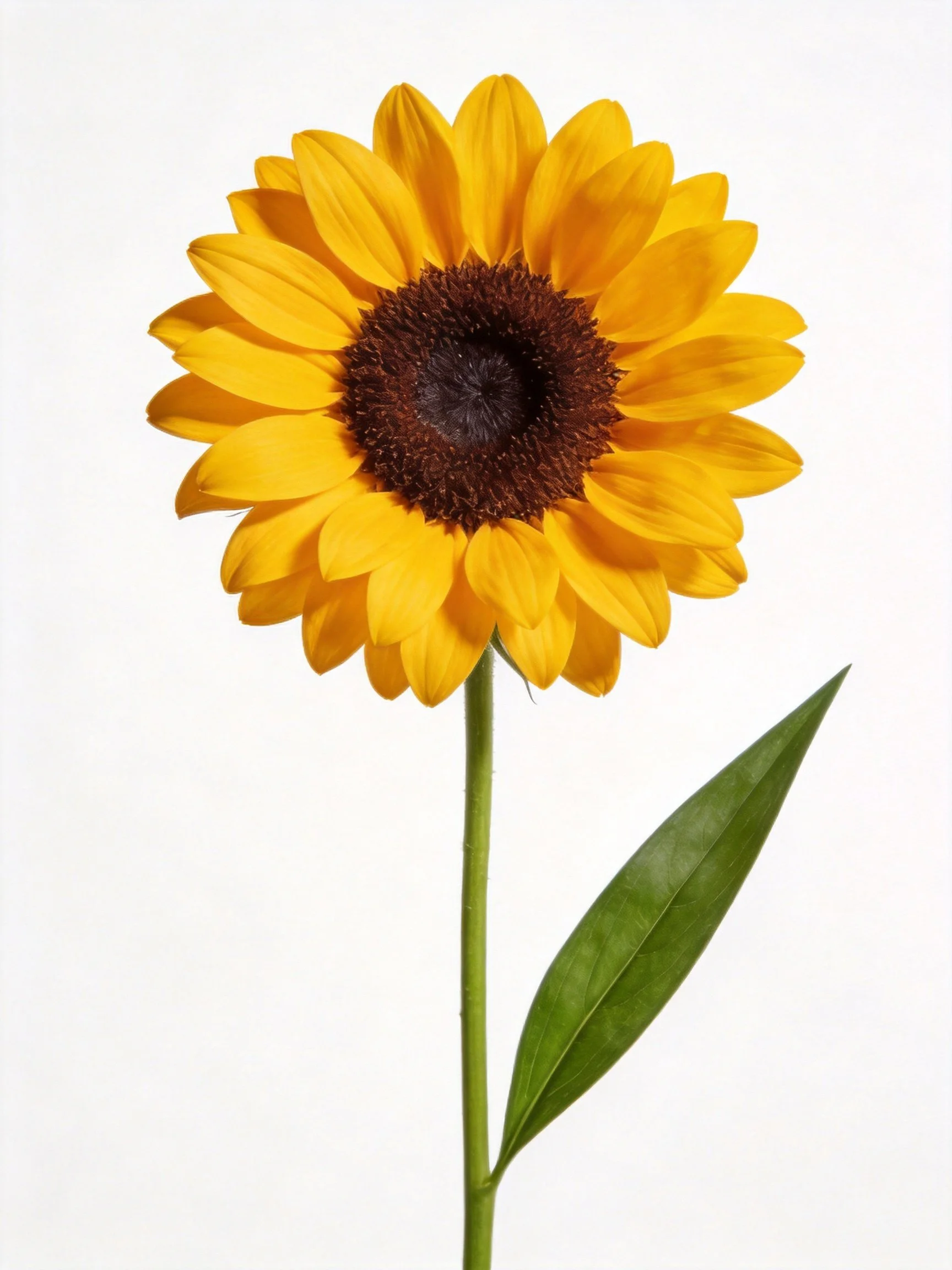 A vibrant yellow sunflower with dark brown center and single green leaf