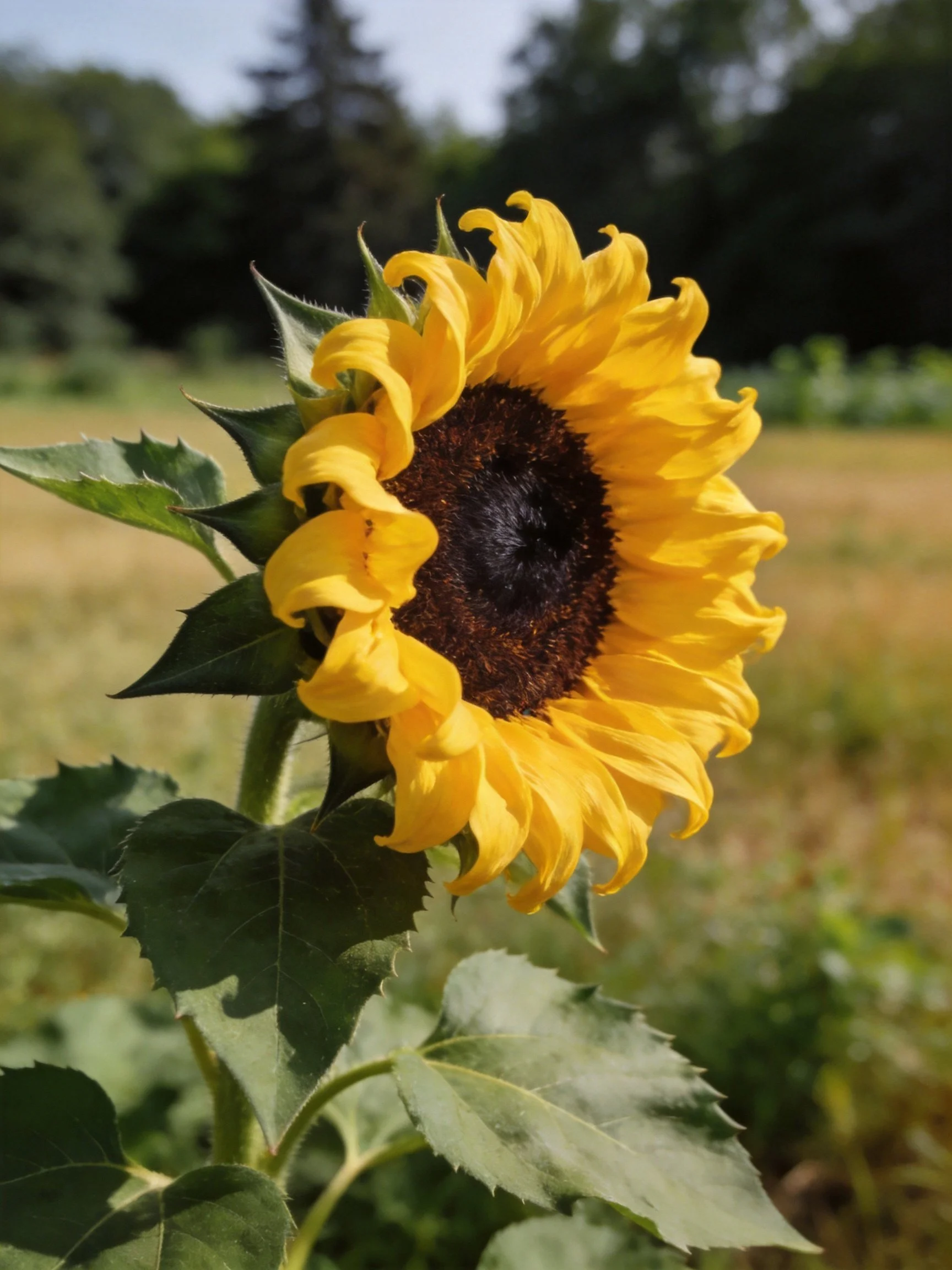 A vibrant yellow sunflower with dark brown center in a sunlit field