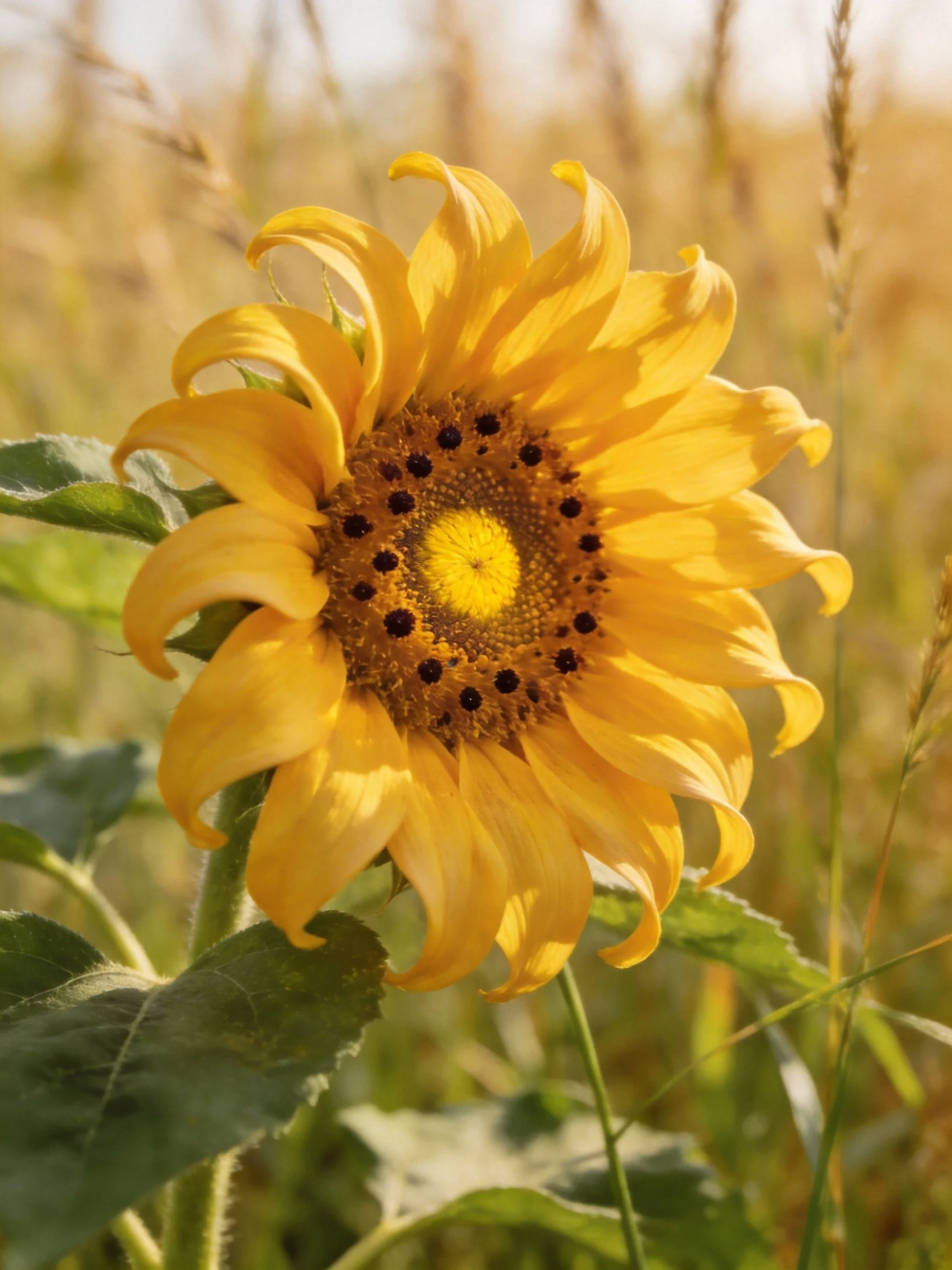 A vibrant yellow sunflower with dark centers amidst green foliage