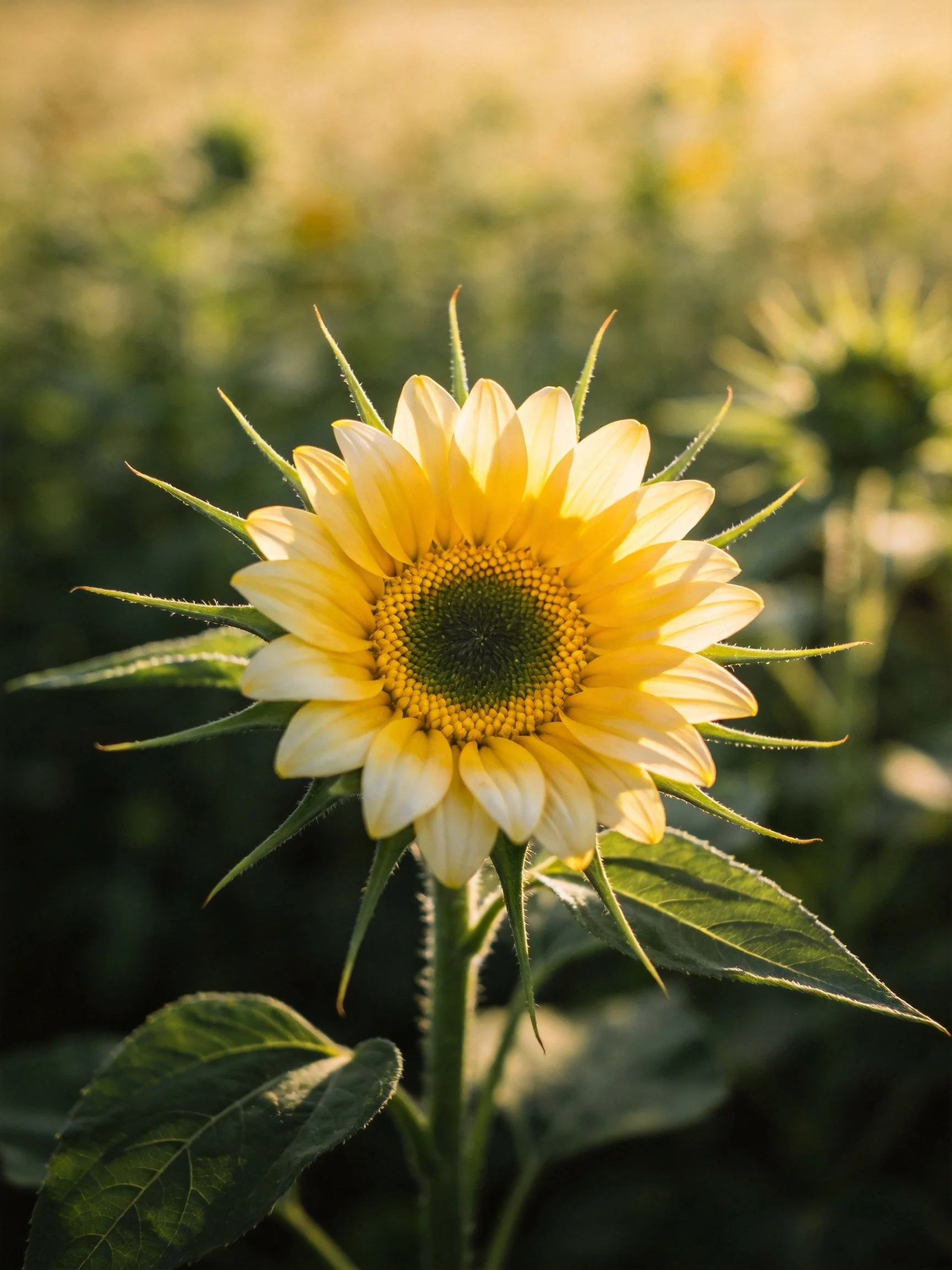 A vibrant yellow sunflower with delicate petals and green foliage