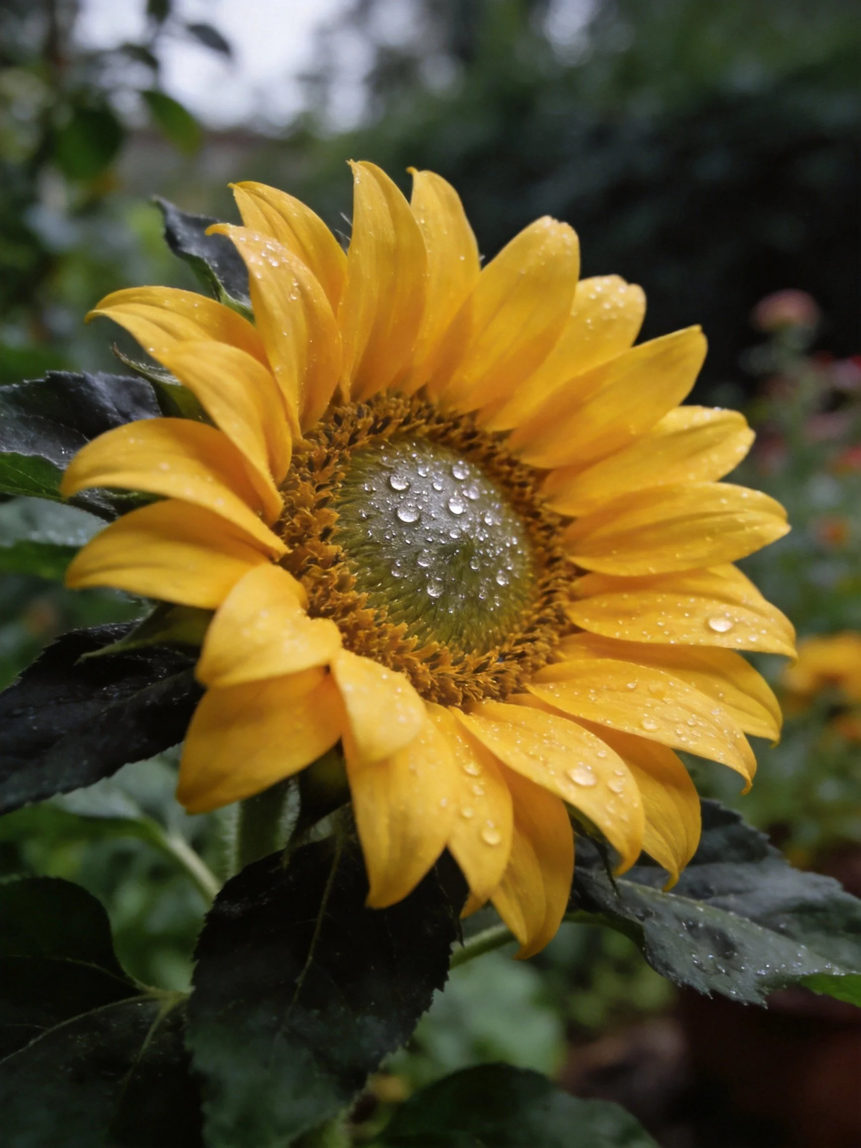 A vibrant yellow sunflower with dew drops on petals