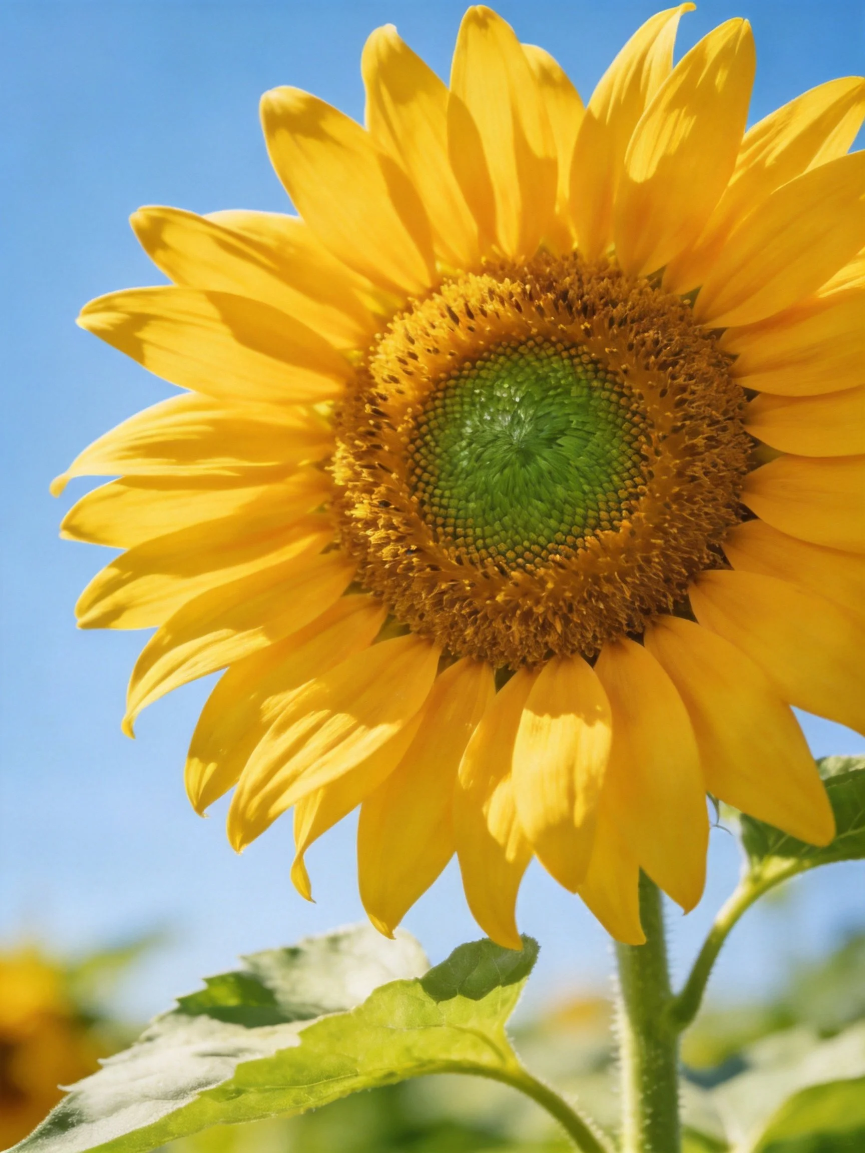 A vibrant yellow sunflower with green center against clear blue sky