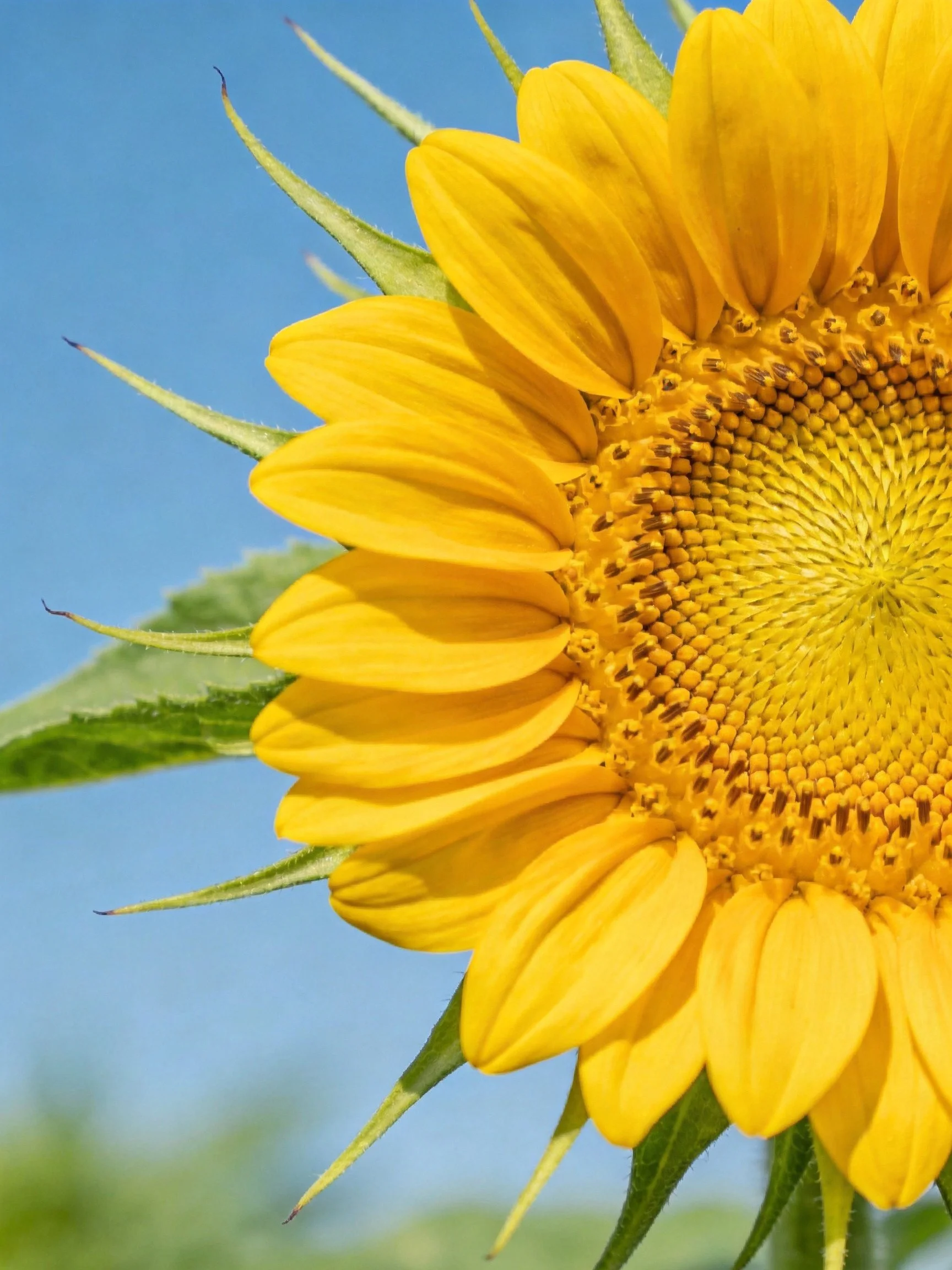 A vibrant yellow sunflower with green leaves against clear blue sky