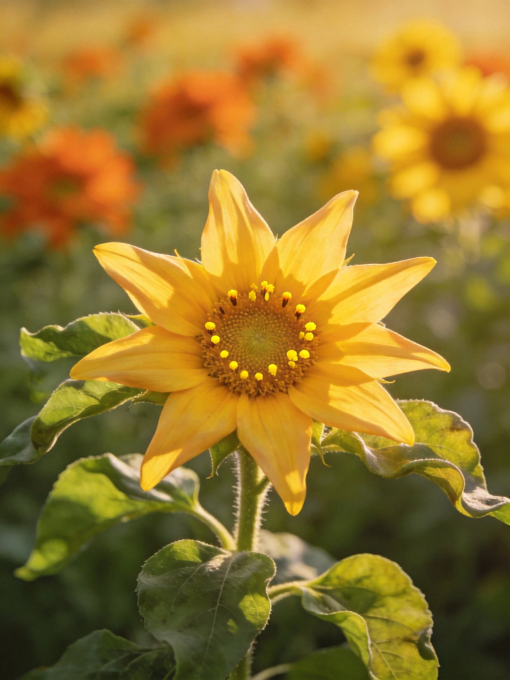A vibrant yellow sunflower with green leaves in a sunlit field