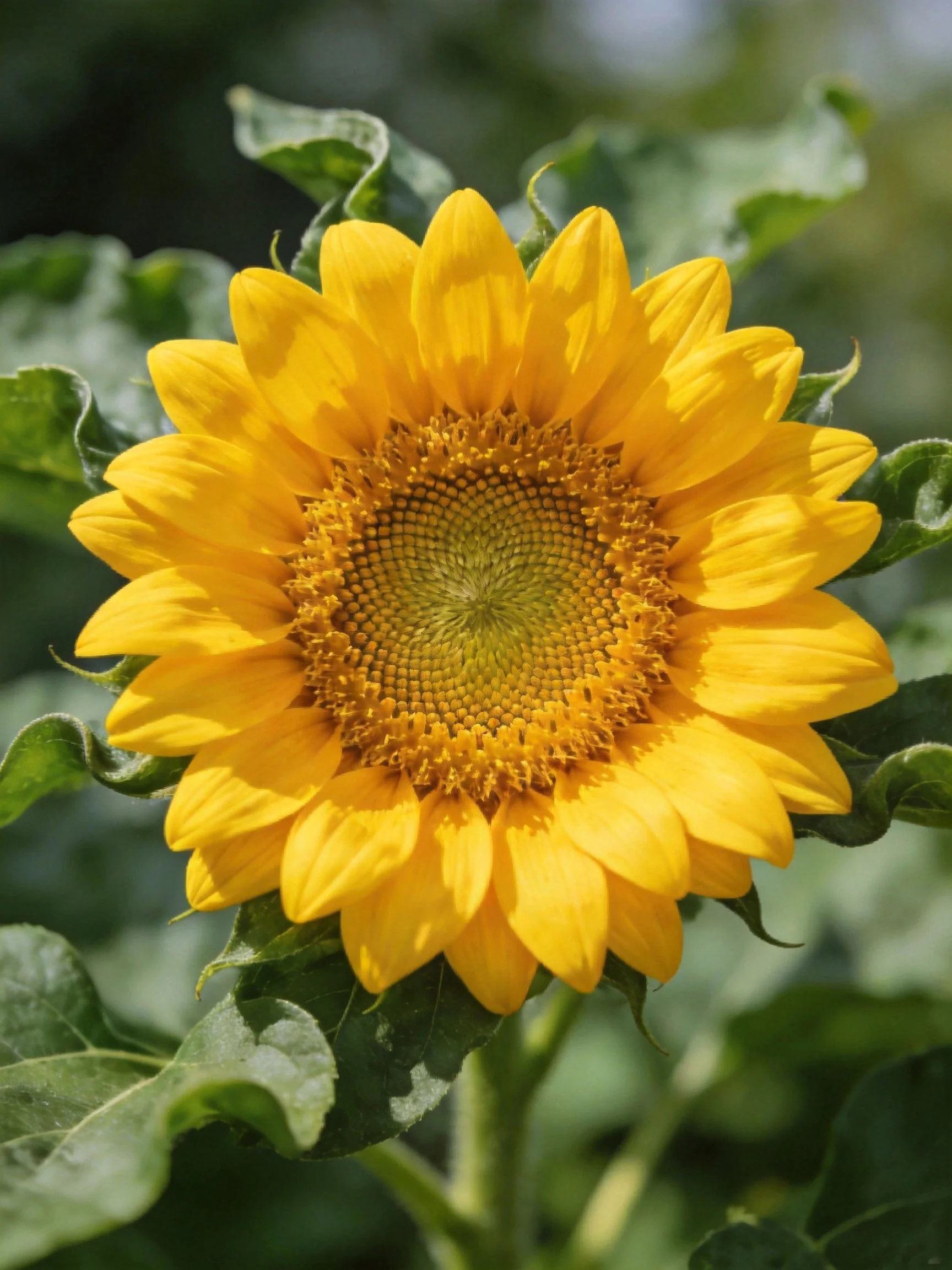 A vibrant yellow sunflower with lush green foliage