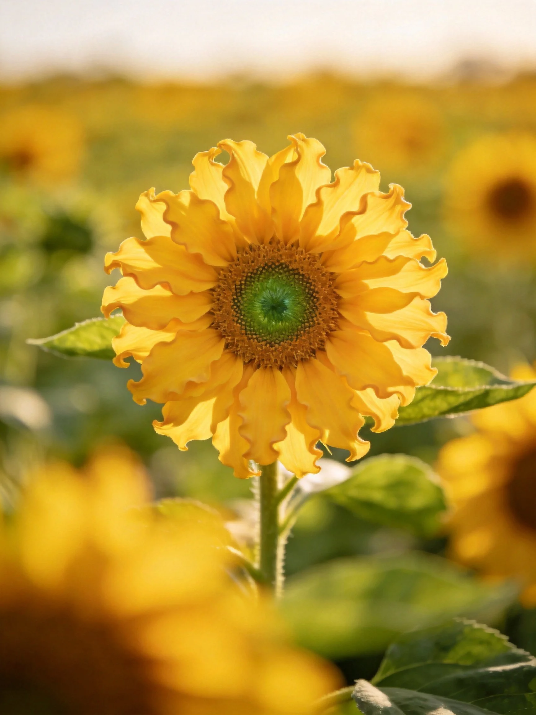A vibrant yellow sunflower with ruffled petals in a sunlit sunflower field
