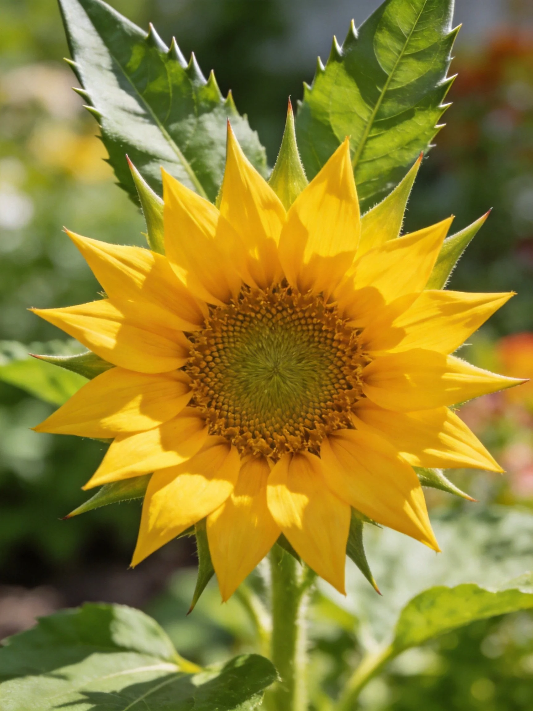 A vibrant yellow sunflower with serrated green leaves