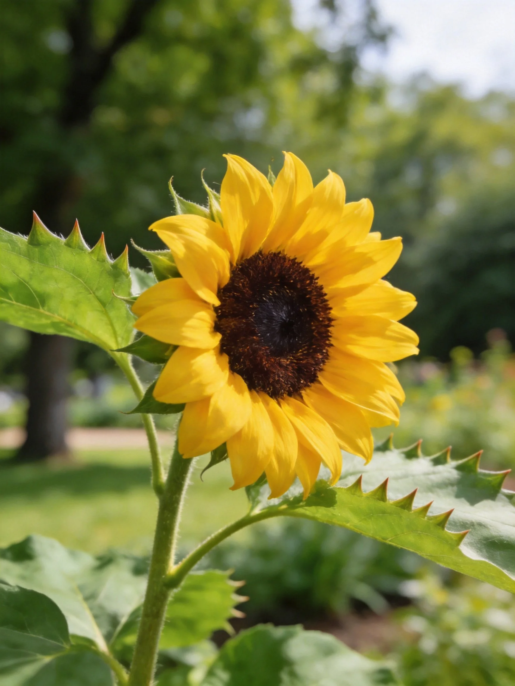 A vibrant yellow sunflower with spiky green leaves in a sunlit garden