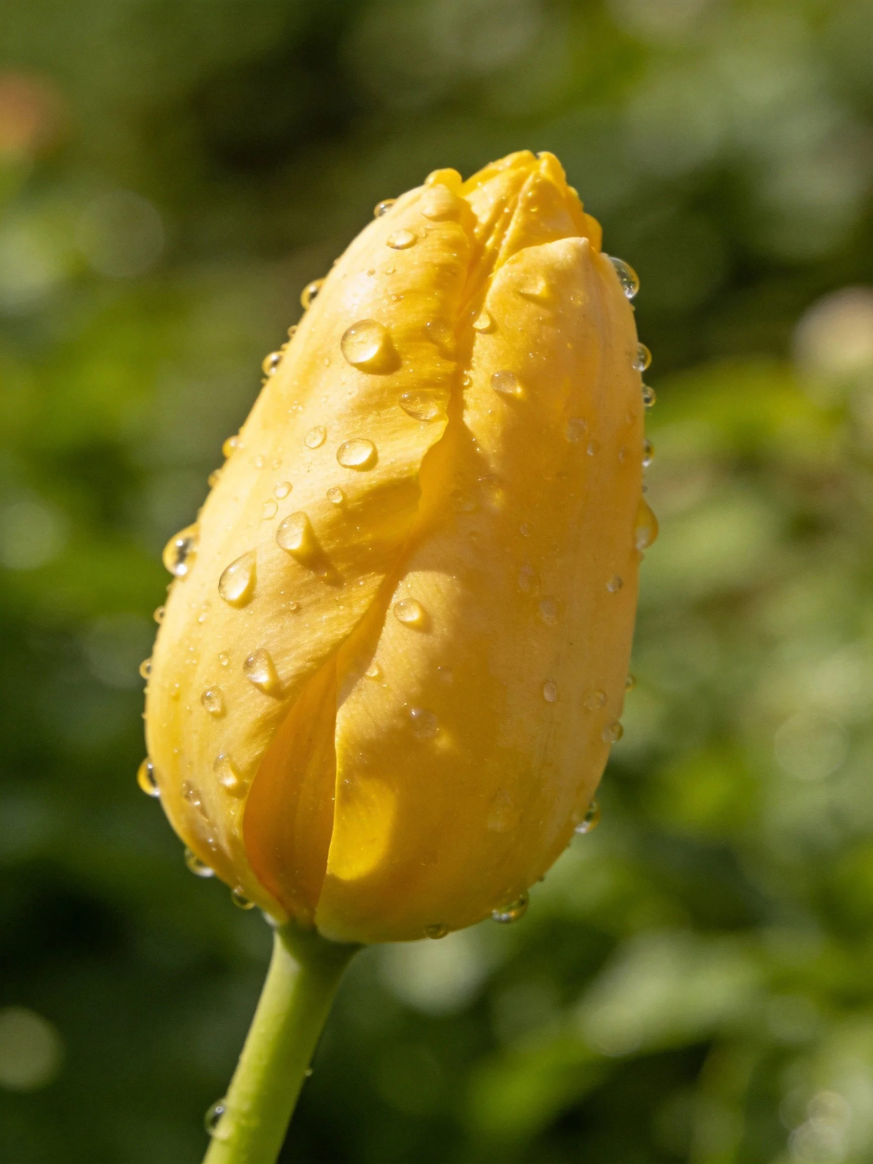 A vibrant yellow tulip bud with glistening water droplets