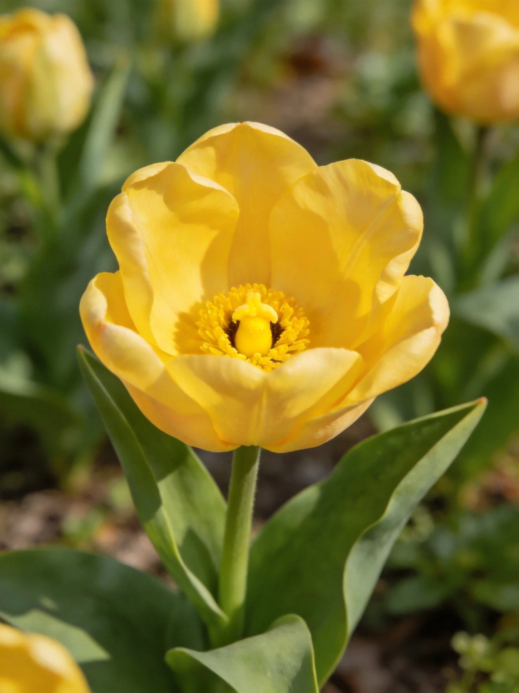 A vibrant yellow tulip in sharp focus with green foliage and blurred blooms