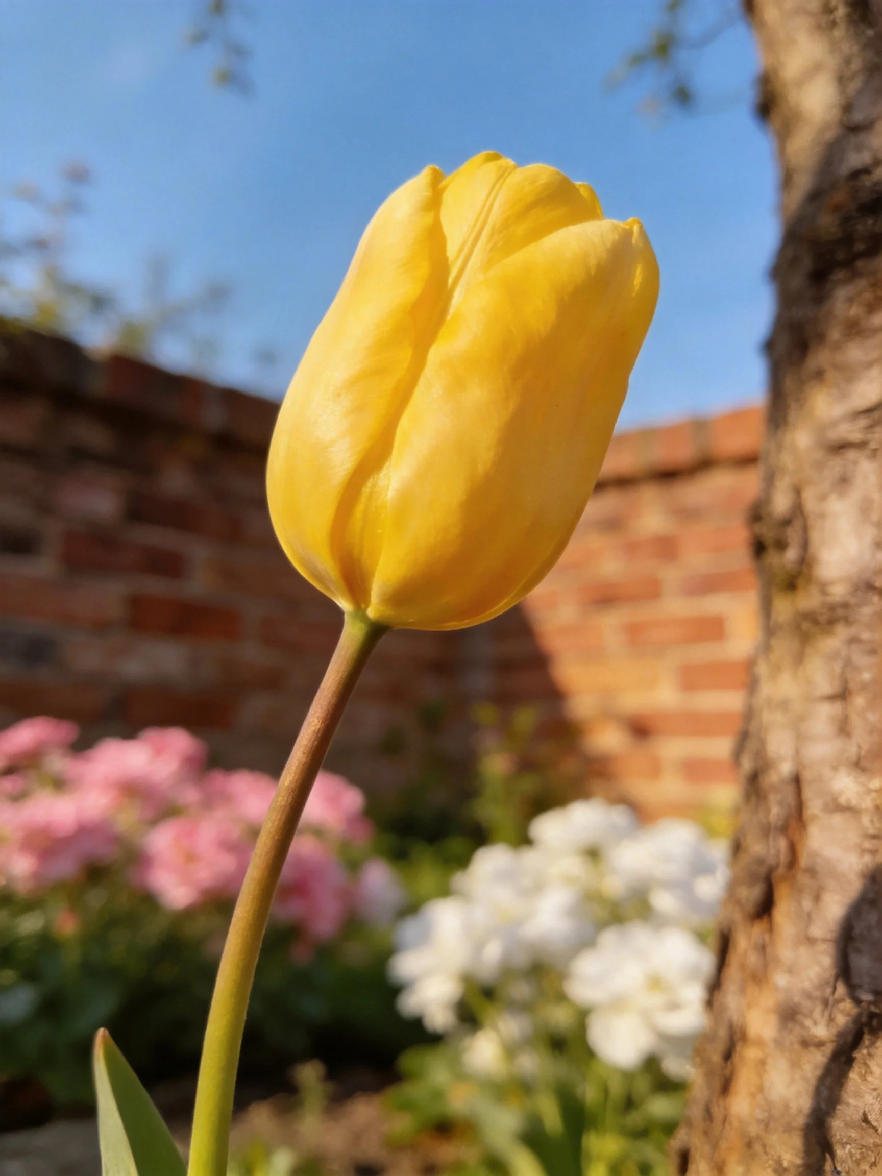 A vibrant yellow tulip near a tree by a brick wall