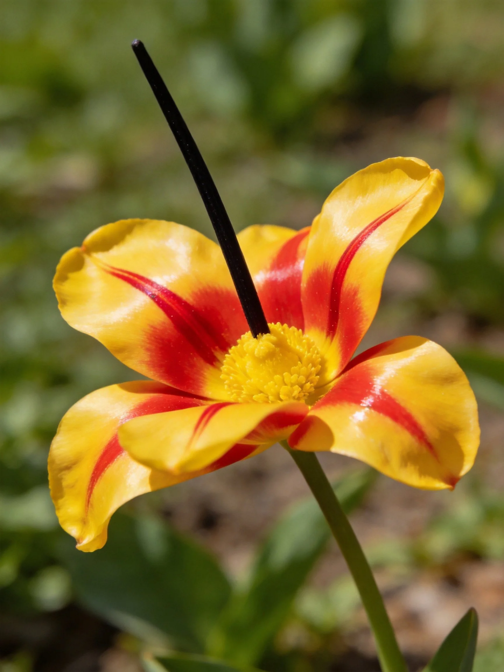 A vibrant yellow tulip with bold red stripes and a black stick